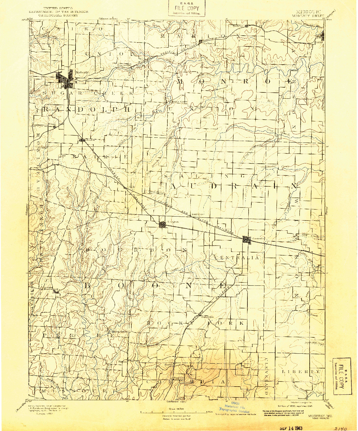 USGS 1:125000-SCALE QUADRANGLE FOR MOBERLY, MO 1890