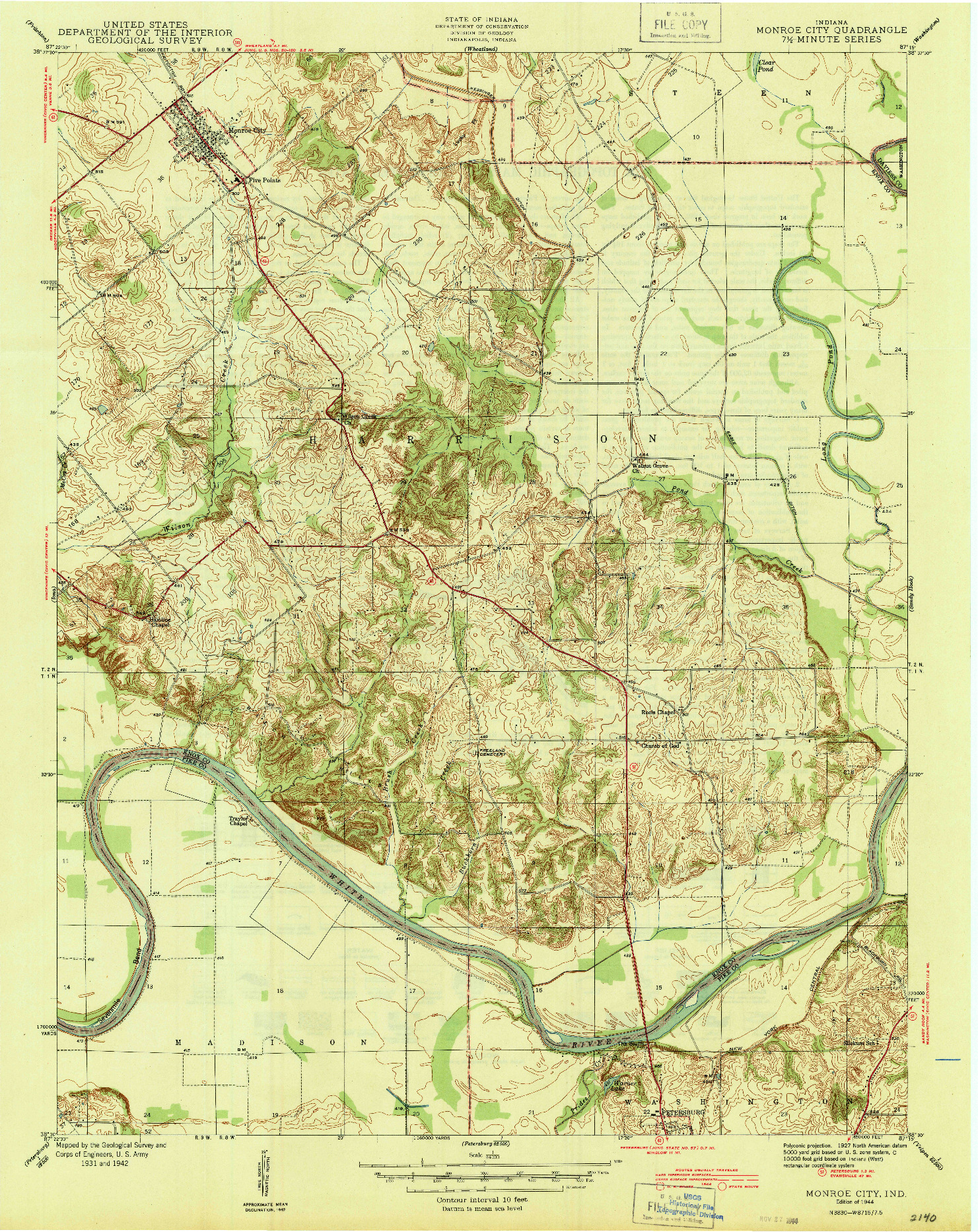 USGS 1:24000-SCALE QUADRANGLE FOR MONROE CITY, IN 1944
