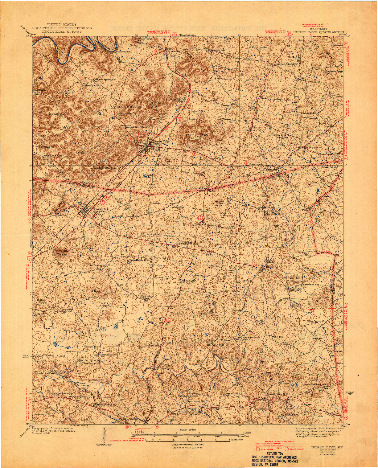 USGS 1:62500-SCALE QUADRANGLE FOR HORSE CAVE, KY 1938