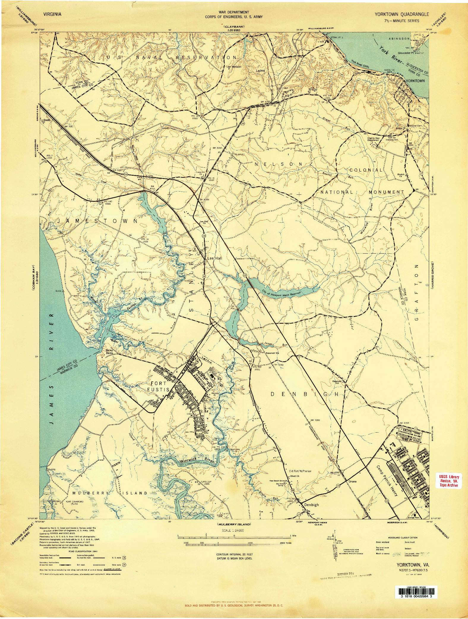 USGS 1:24000-SCALE QUADRANGLE FOR YORKTOWN, VA 1944