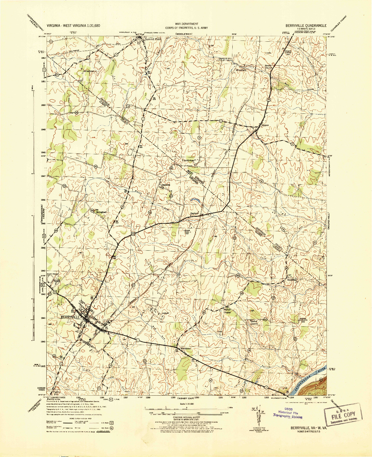 USGS 1:31680-SCALE QUADRANGLE FOR BERRYVILLE, VA 1944
