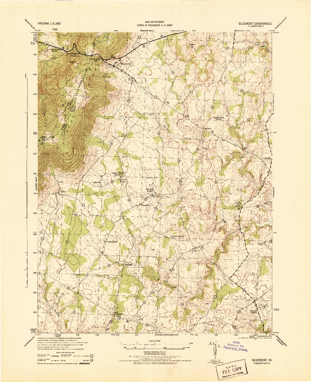USGS 1:31680-SCALE QUADRANGLE FOR BLUEMONT, VA 1944