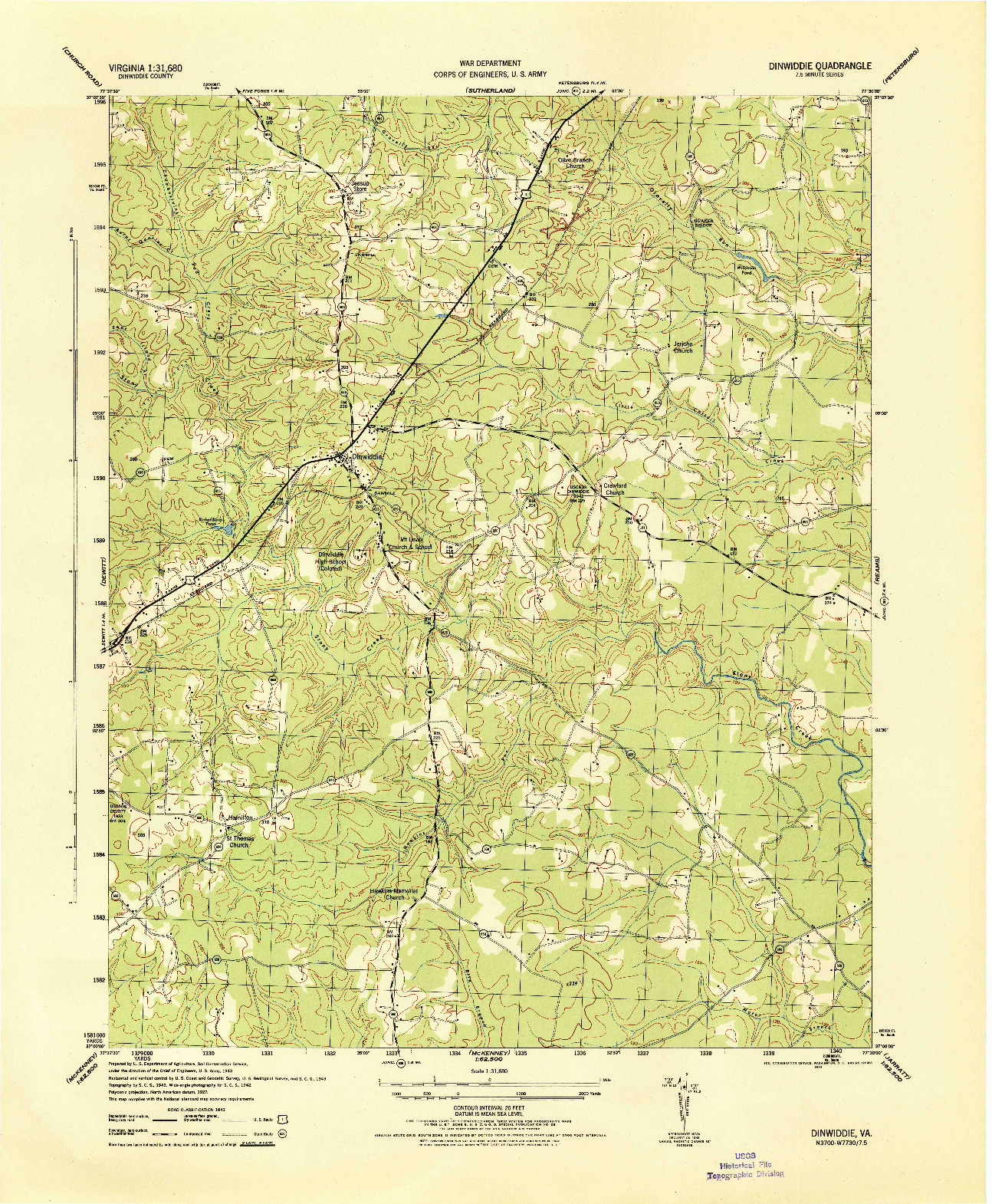 USGS 1:31680-SCALE QUADRANGLE FOR DINWIDDIE, VA 1944