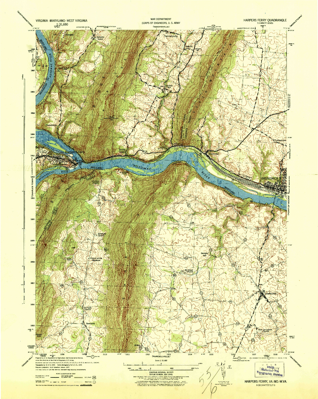 USGS 1:31680-SCALE QUADRANGLE FOR HARPERS FERRY, VA 1944