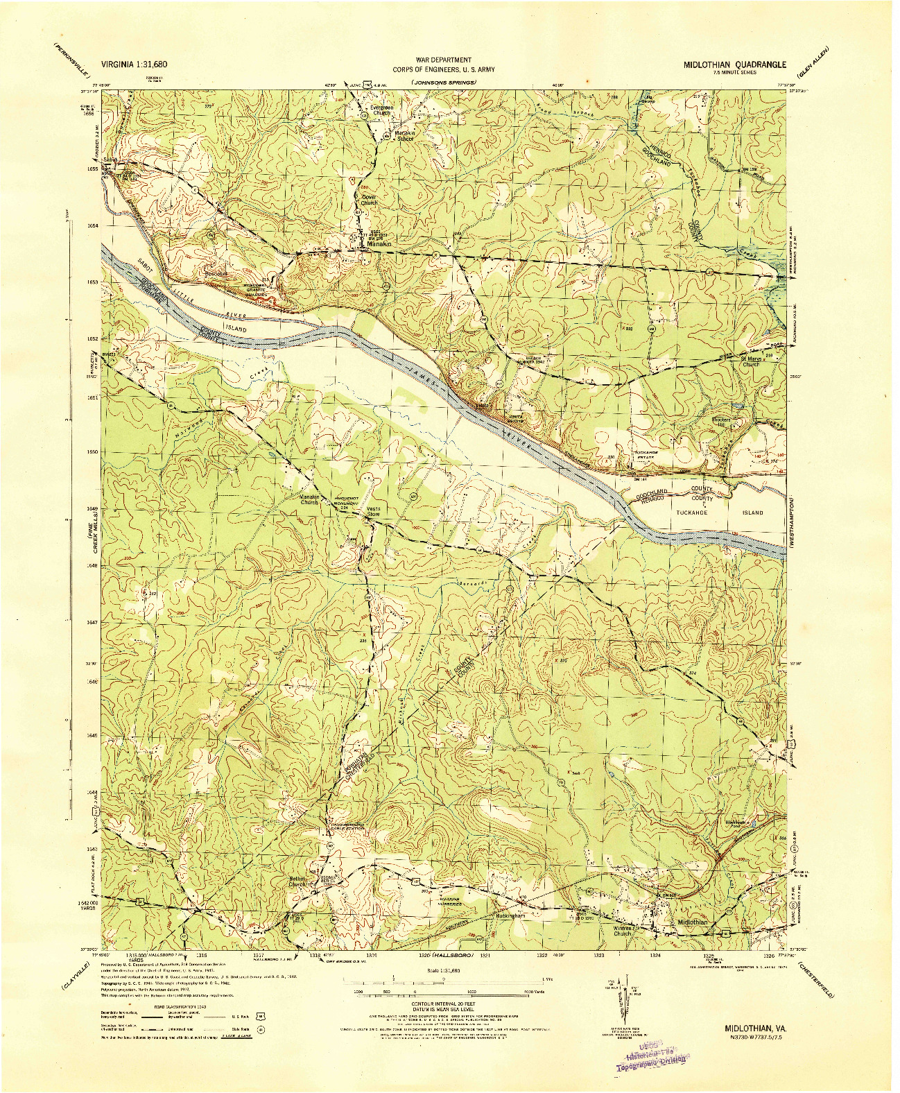 USGS 1:31680-SCALE QUADRANGLE FOR MIDLOTHIAN, VA 1944