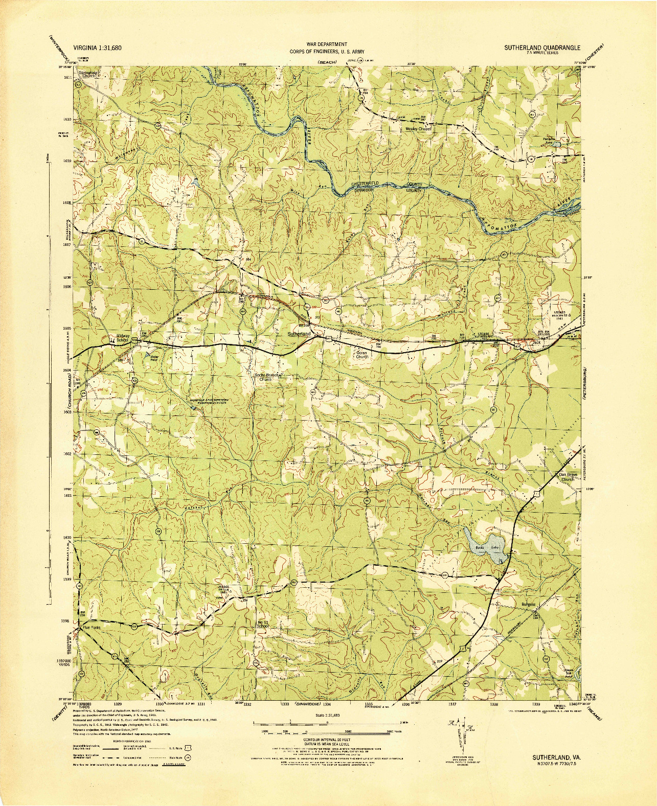 USGS 1:31680-SCALE QUADRANGLE FOR SUTHERLAND, VA 1944