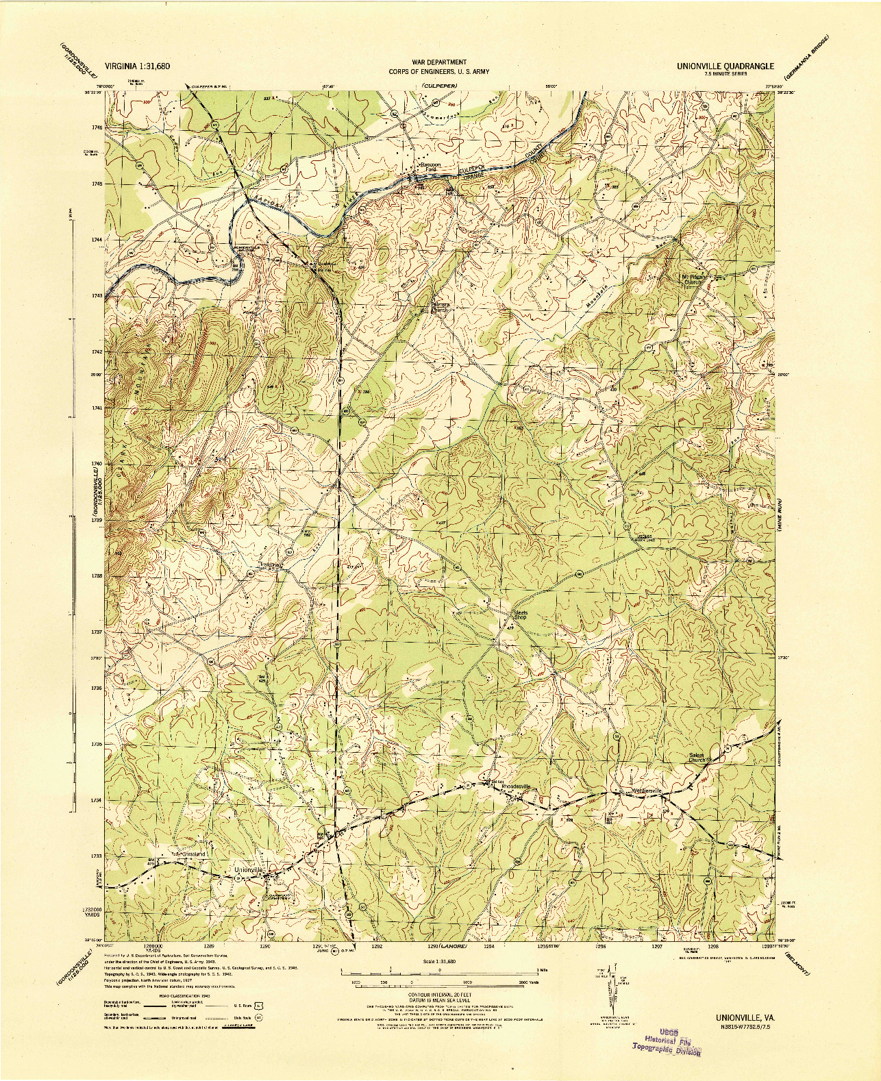 USGS 1:31680-SCALE QUADRANGLE FOR UNIONVILLE, VA 1944