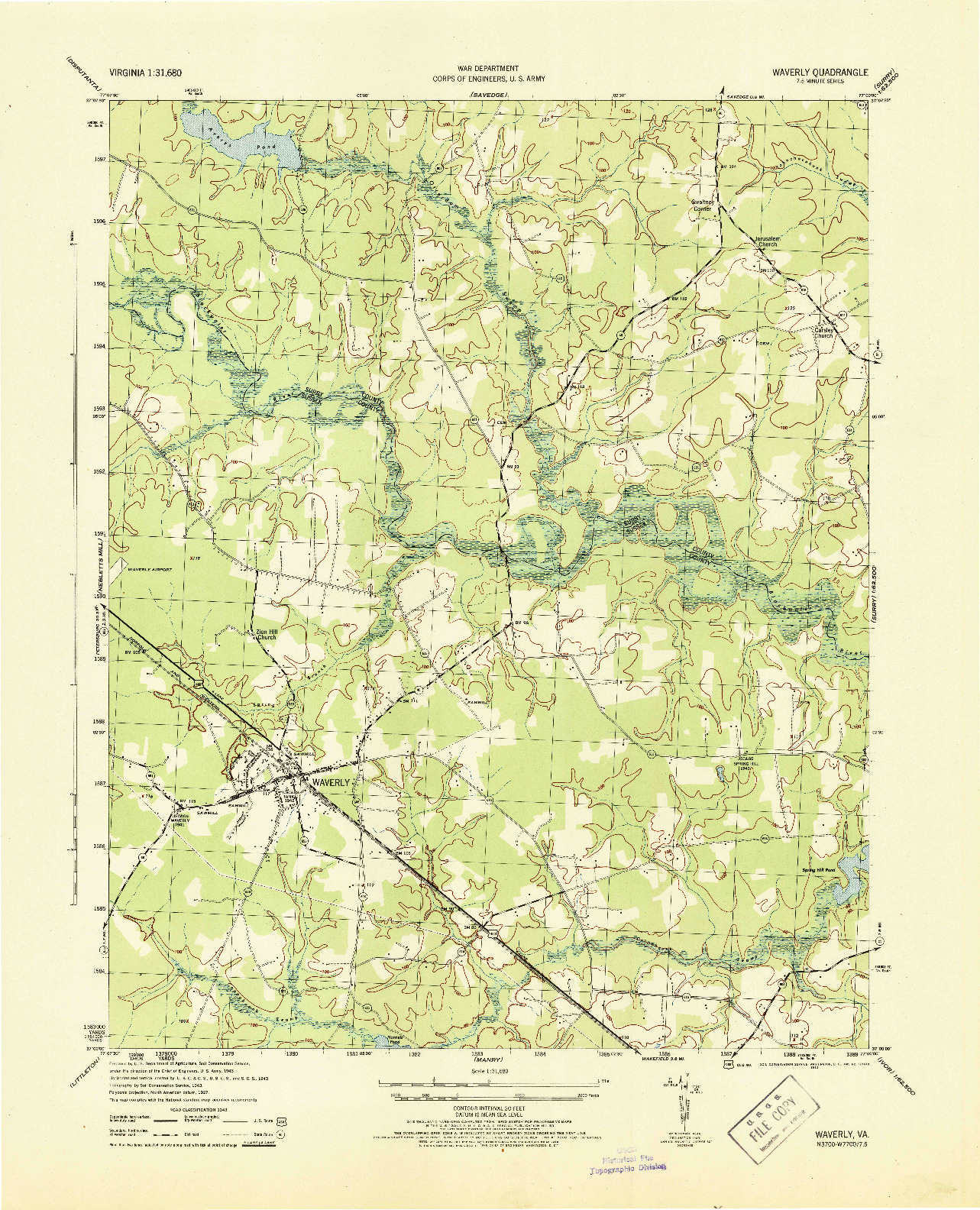 USGS 1:31680-SCALE QUADRANGLE FOR WAVERLY, VA 1944