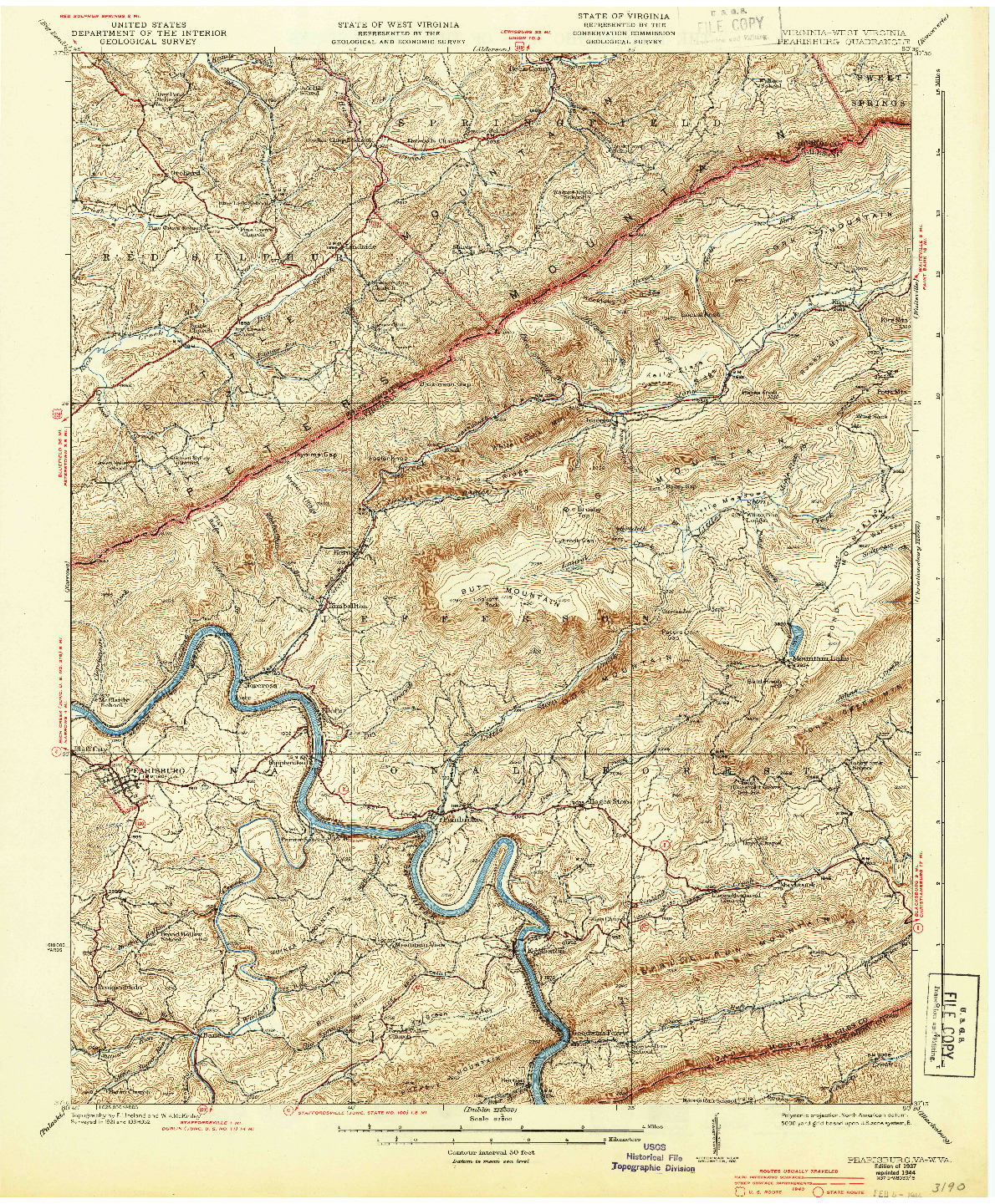 USGS 1:62500-SCALE QUADRANGLE FOR PEARISBURG, VA 1937