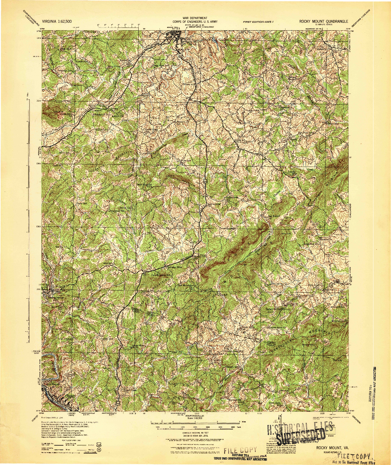 USGS 1:62500-SCALE QUADRANGLE FOR ROCKY MOUNT, VA 1944