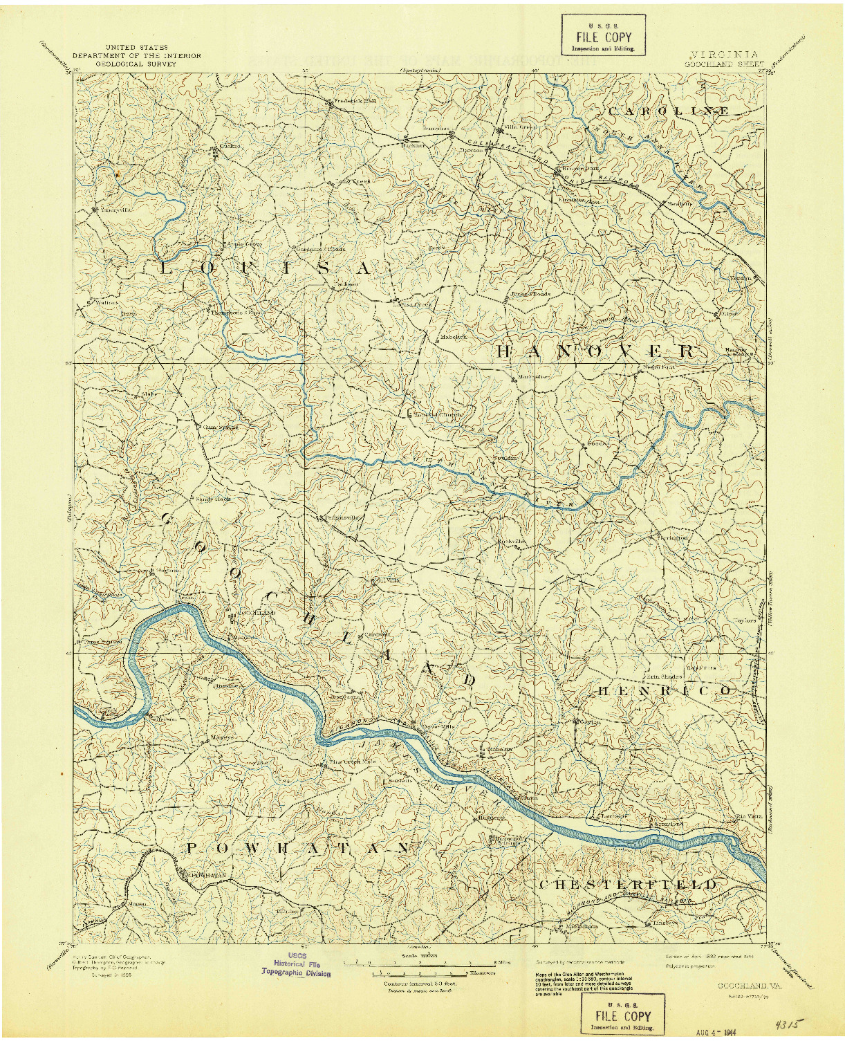 USGS 1:125000-SCALE QUADRANGLE FOR GOOCHLAND, VA 1892