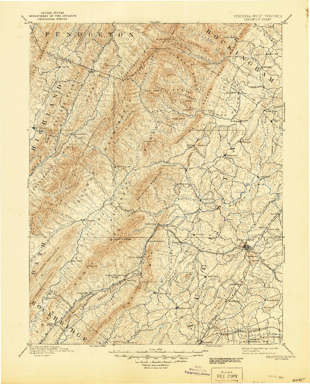 USGS 1:125000-SCALE QUADRANGLE FOR STAUNTON, VA 1894