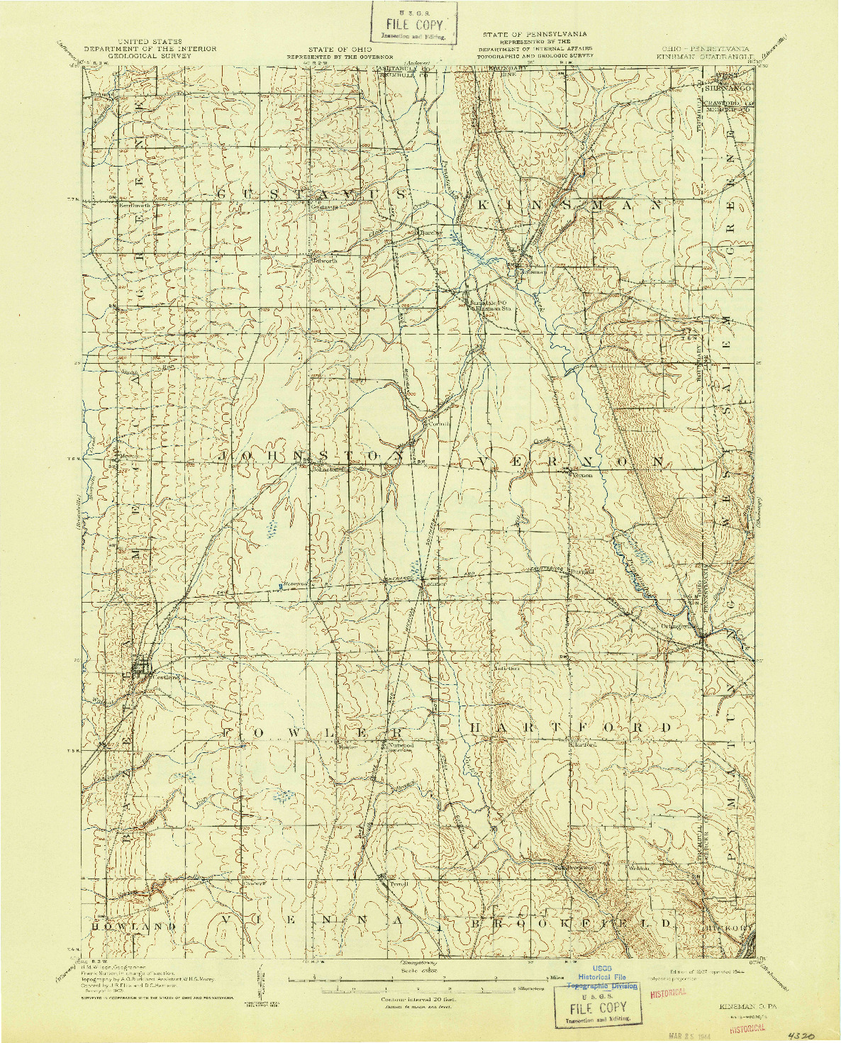 USGS 1:62500-SCALE QUADRANGLE FOR KINSMAN, OH 1907