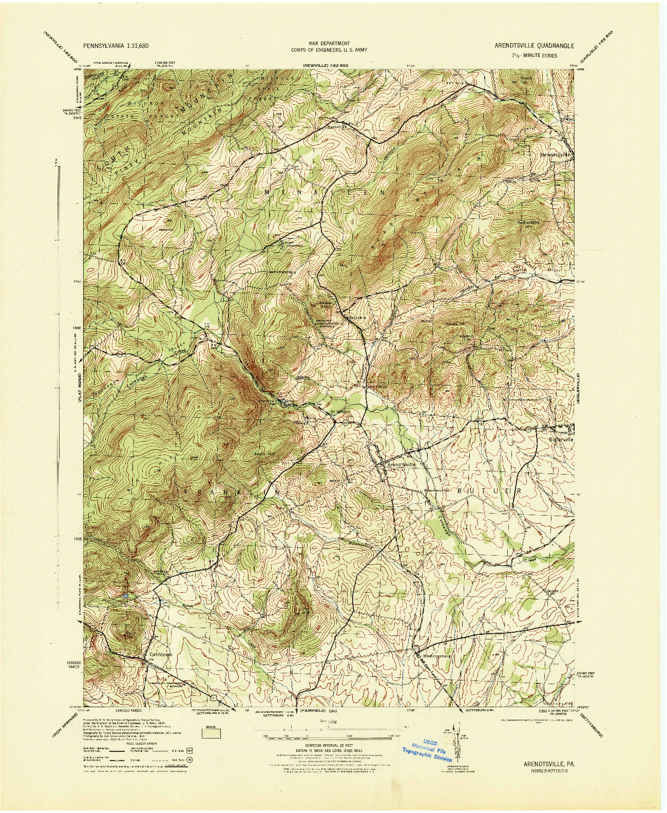 USGS 1:31680-SCALE QUADRANGLE FOR ARENDTSVILLE, PA 1944