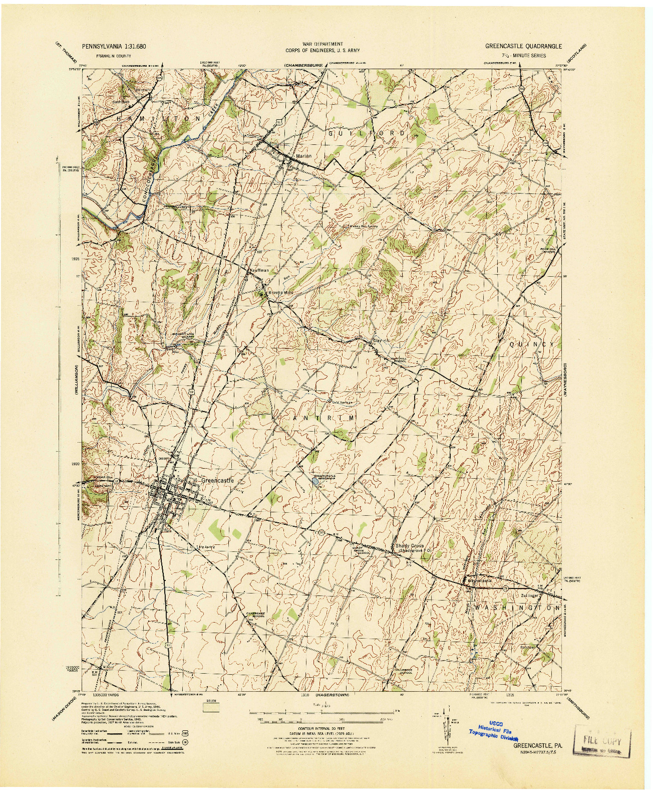 USGS 1:31680-SCALE QUADRANGLE FOR GREENCASTLE, PA 1944
