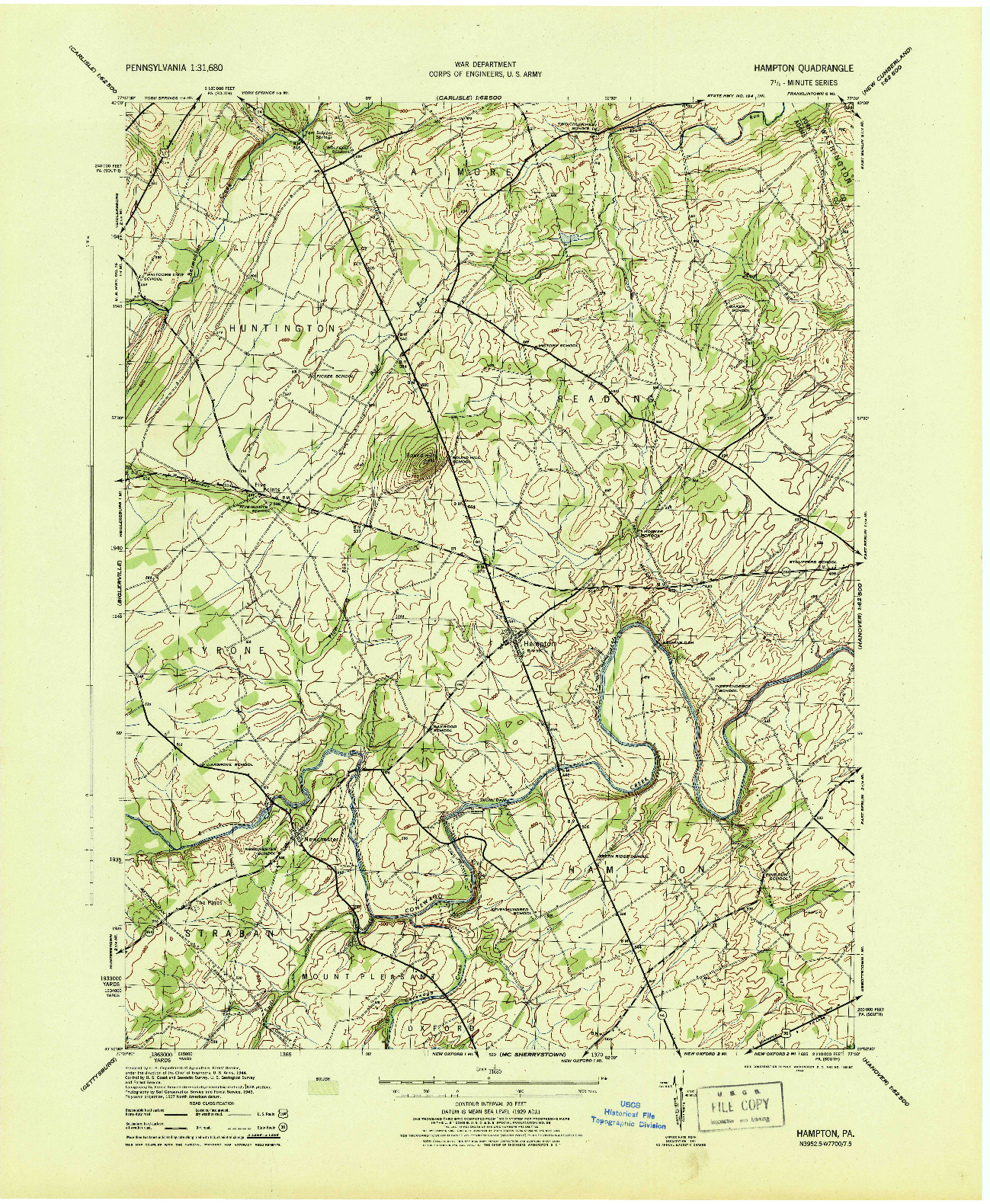 USGS 1:31680-SCALE QUADRANGLE FOR HAMPTON, PA 1944