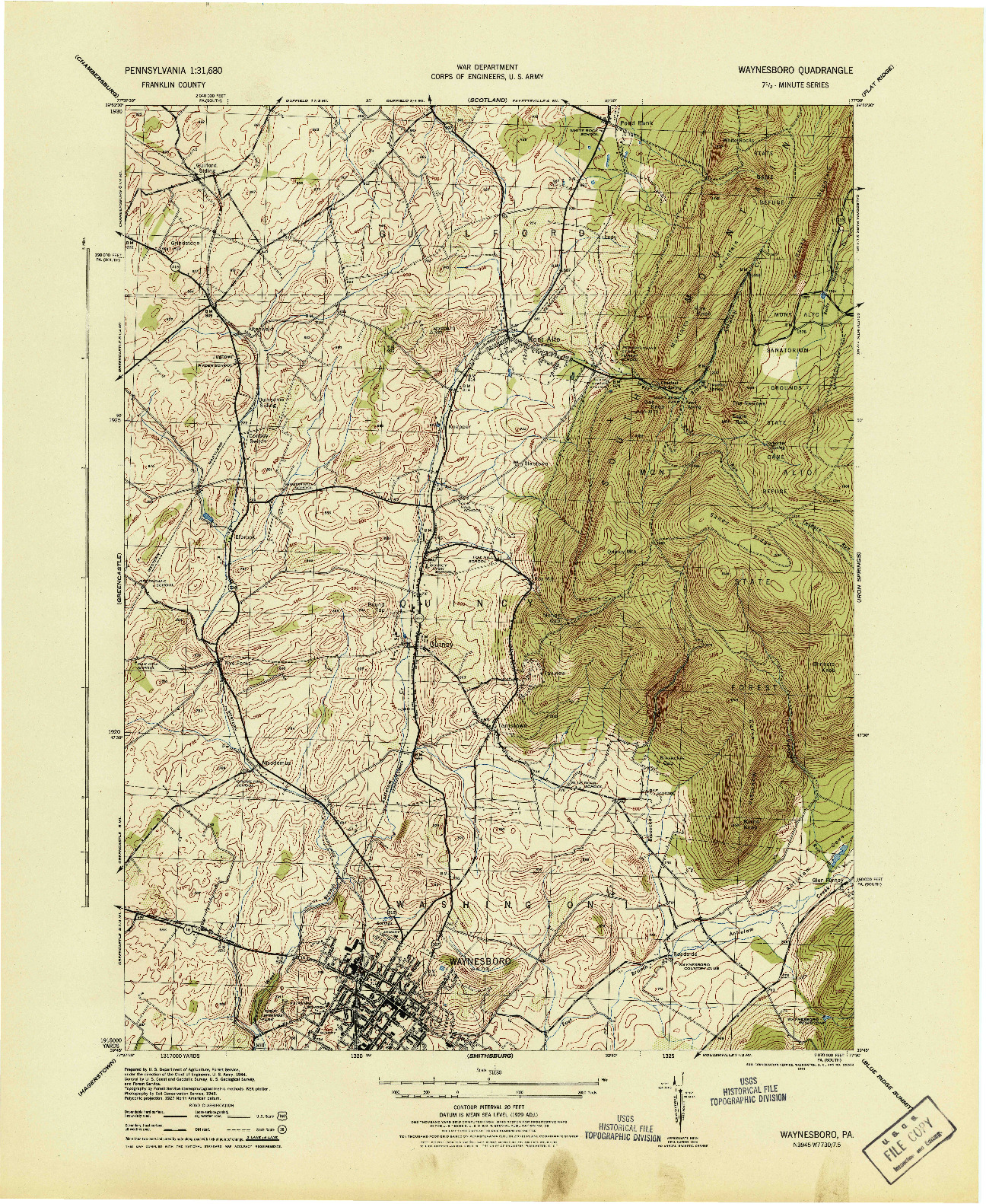 USGS 1:31680-SCALE QUADRANGLE FOR WAYNESBORO, PA 1944