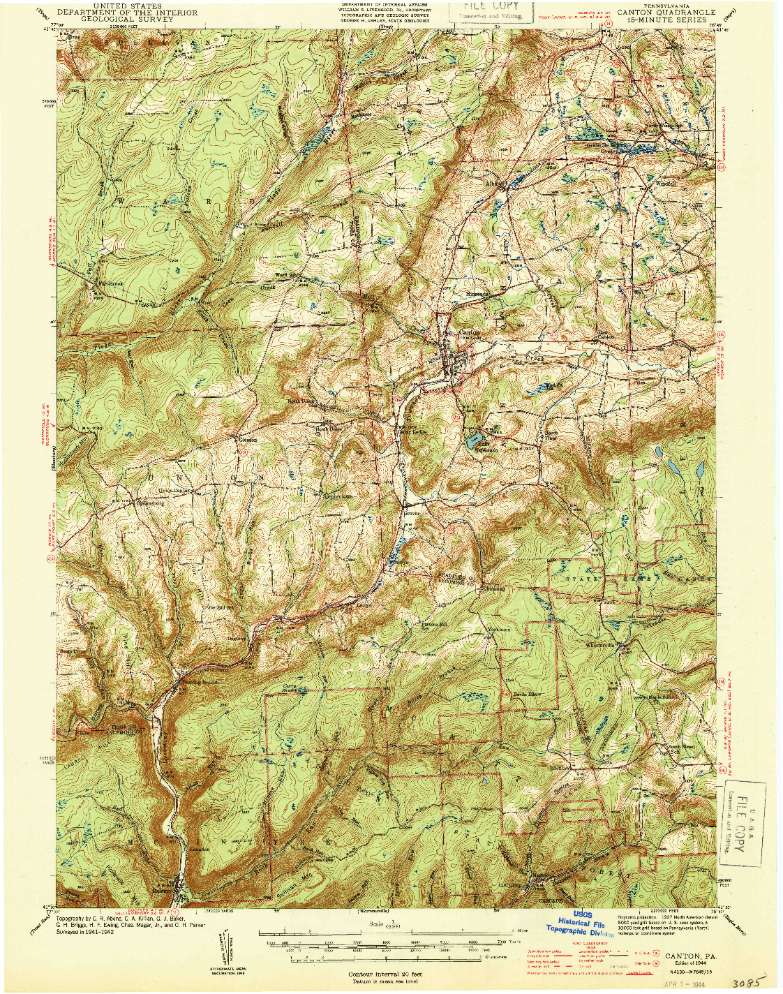 USGS 1:62500-SCALE QUADRANGLE FOR CANTON, PA 1944