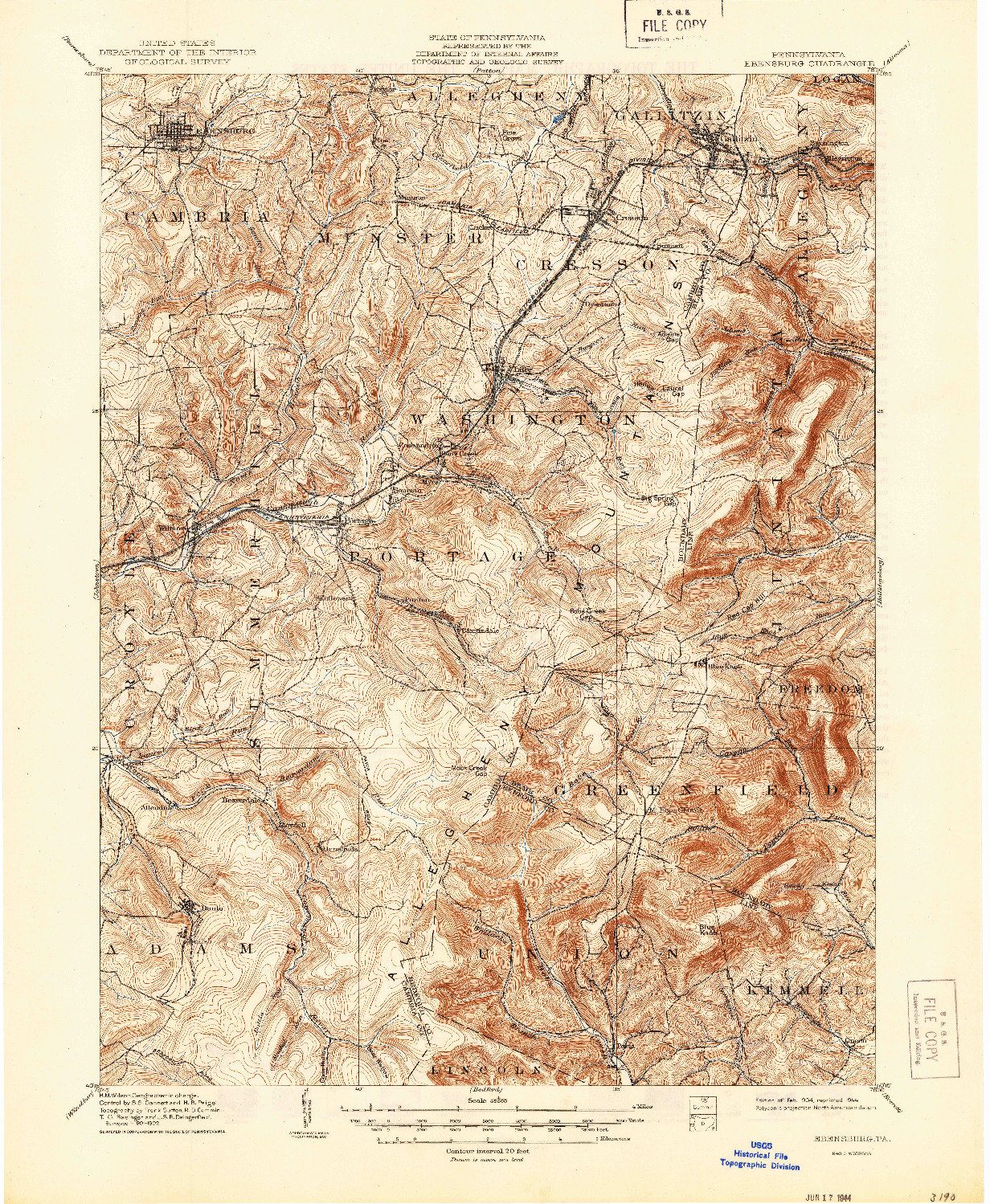 USGS 1:62500-SCALE QUADRANGLE FOR EBENSBURG, PA 1904