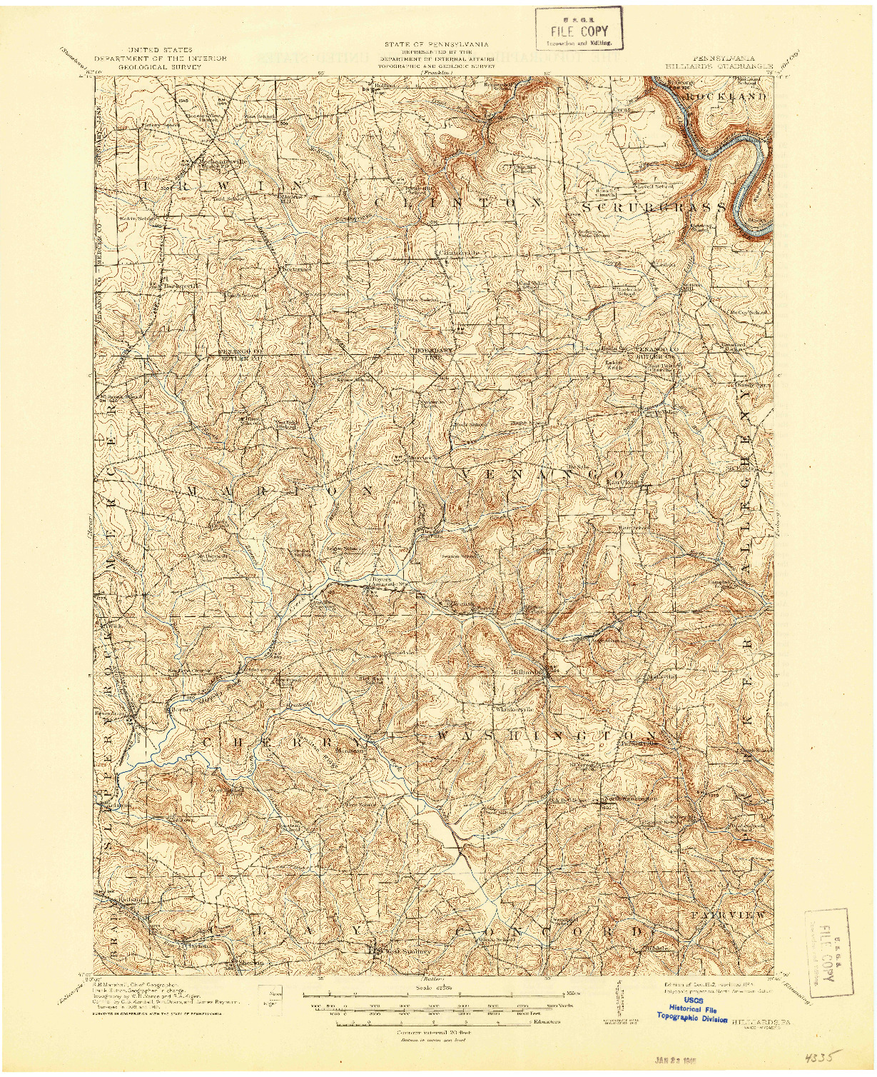 USGS 1:62500-SCALE QUADRANGLE FOR HILLIARDS, PA 1912