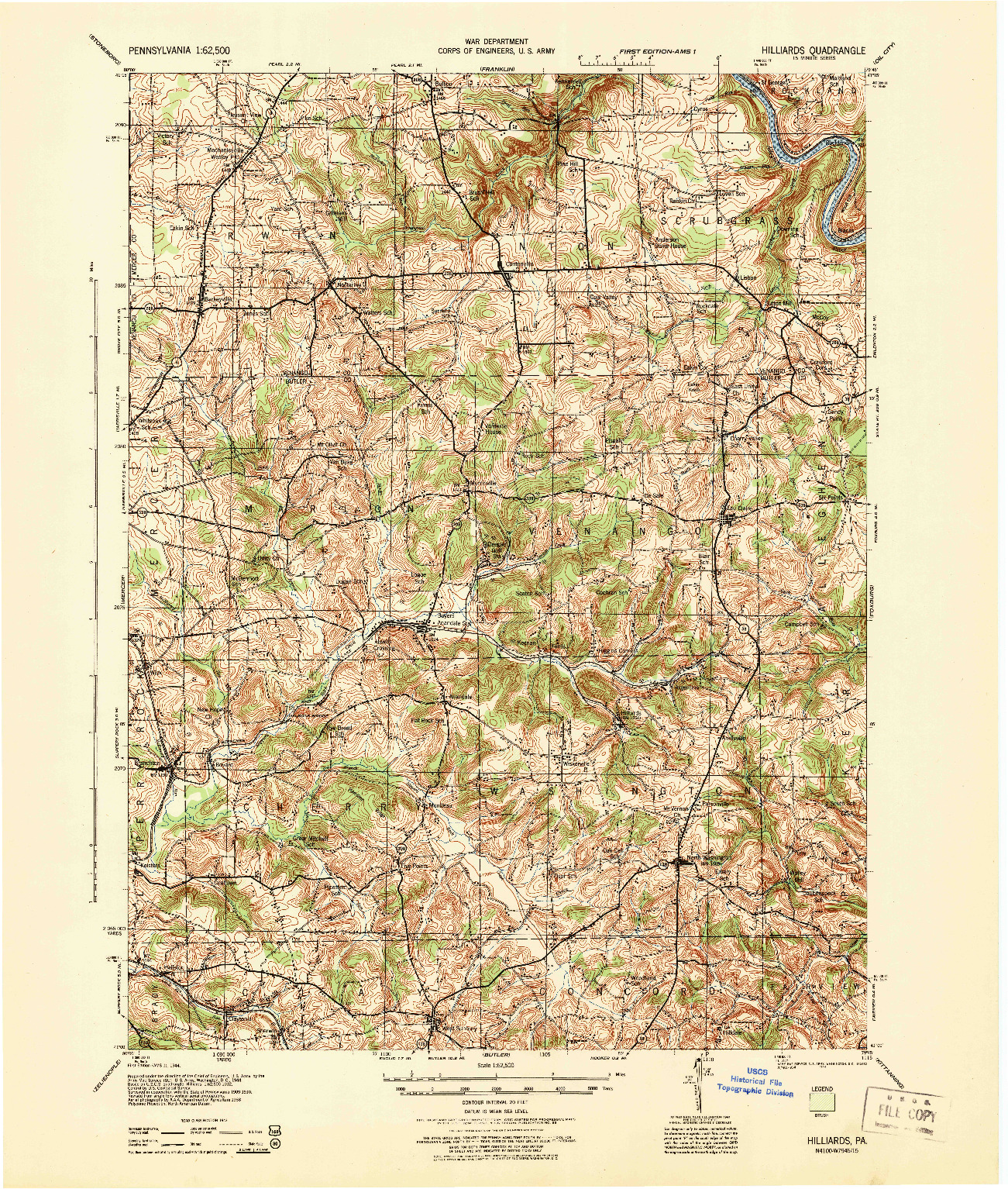 USGS 1:62500-SCALE QUADRANGLE FOR HILLIARDS, PA 1944
