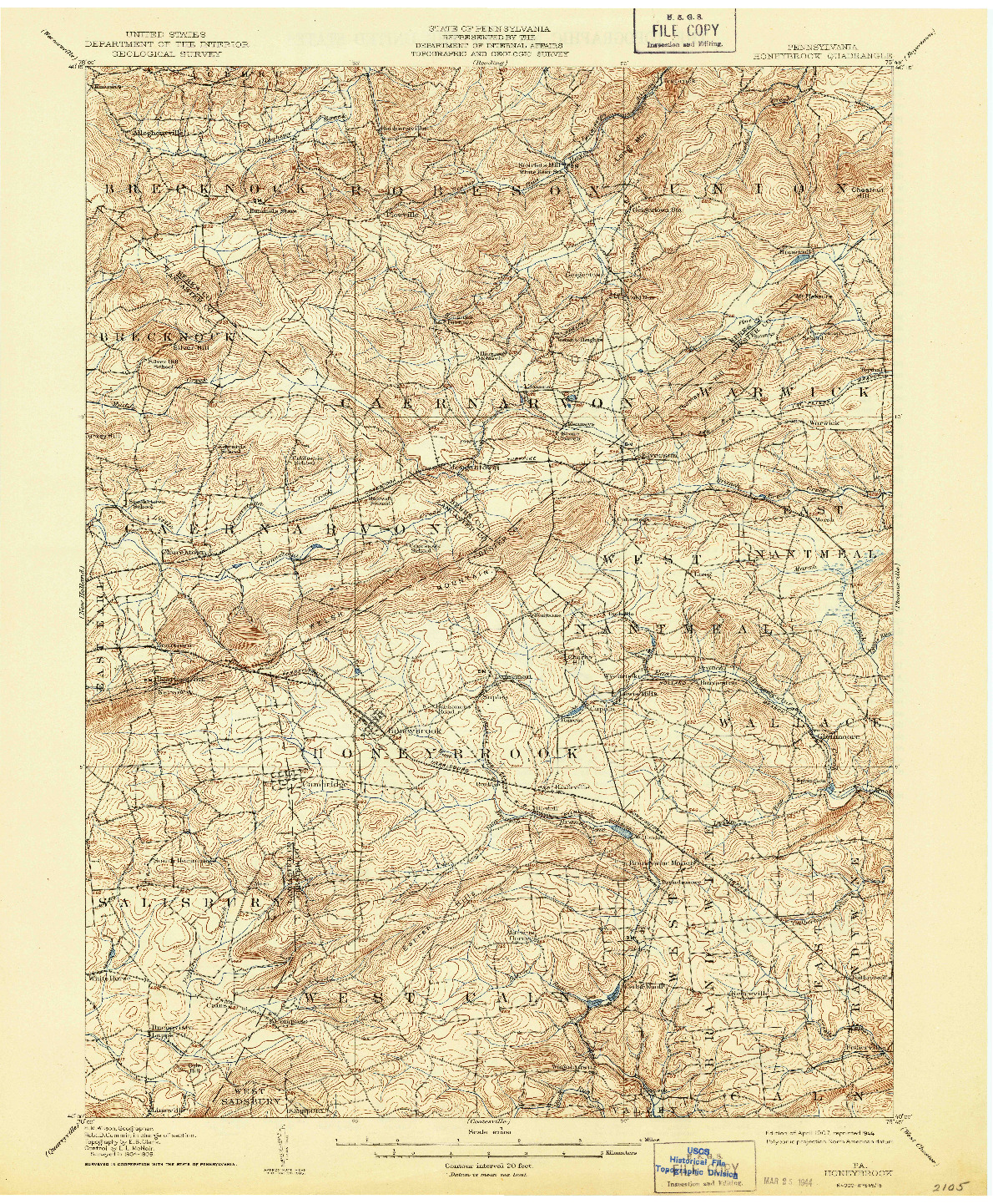 USGS 1:62500-SCALE QUADRANGLE FOR HONEYBROOK, PA 1907