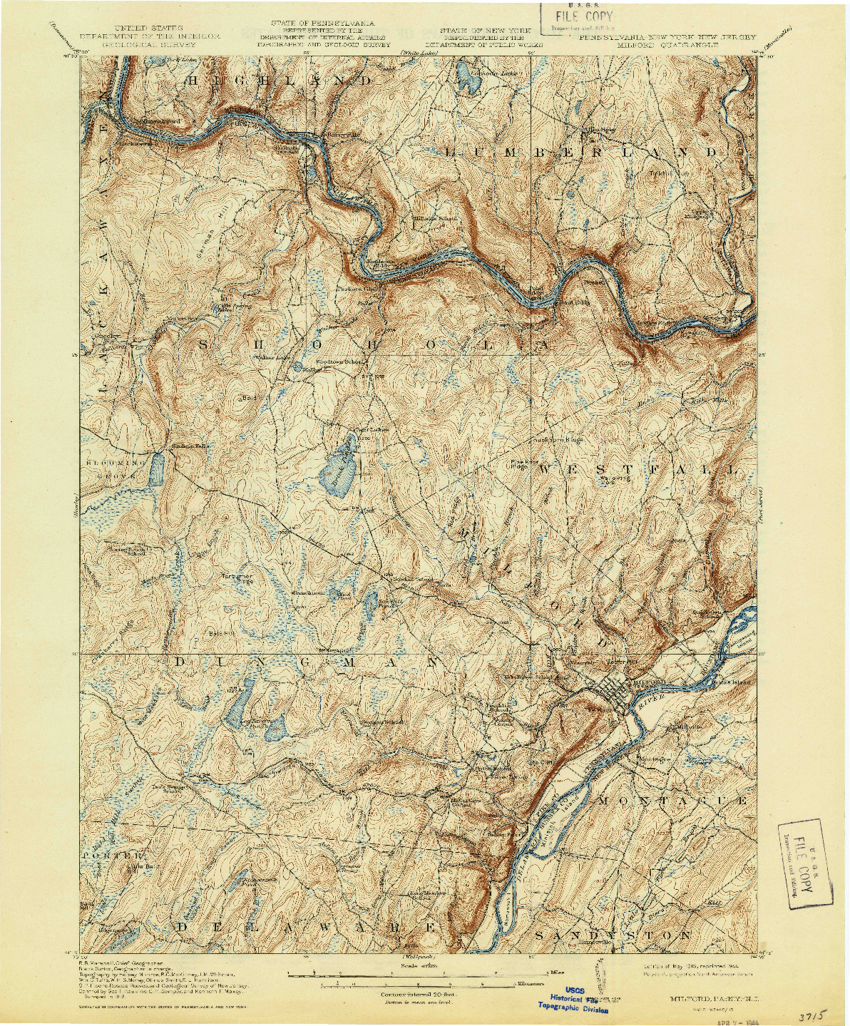 USGS 1:62500-SCALE QUADRANGLE FOR MILFORD, PA 1915