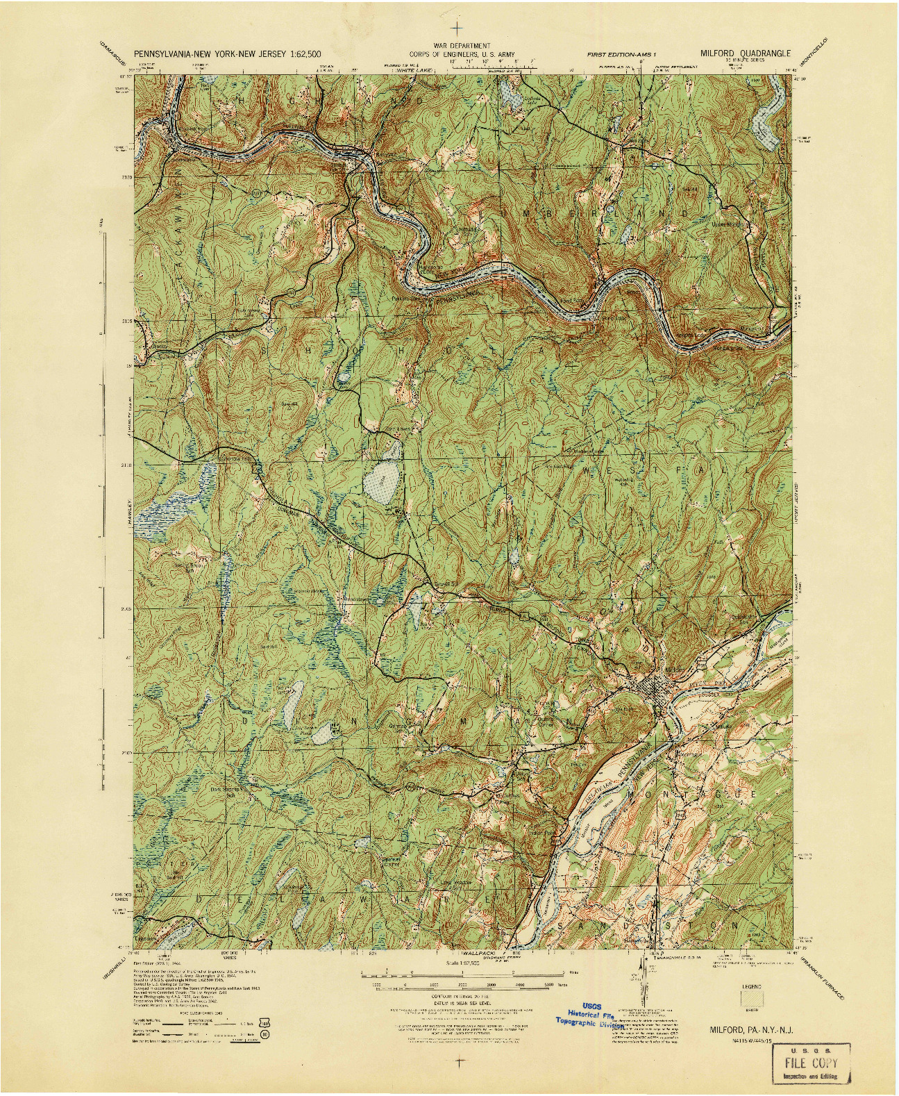 USGS 1:62500-SCALE QUADRANGLE FOR MILFORD, PA 1944