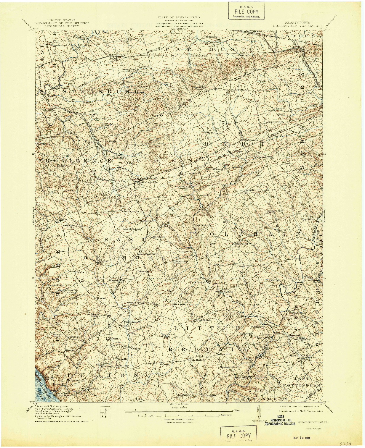 USGS 1:62500-SCALE QUADRANGLE FOR QUARRYVILLE, PA 1912