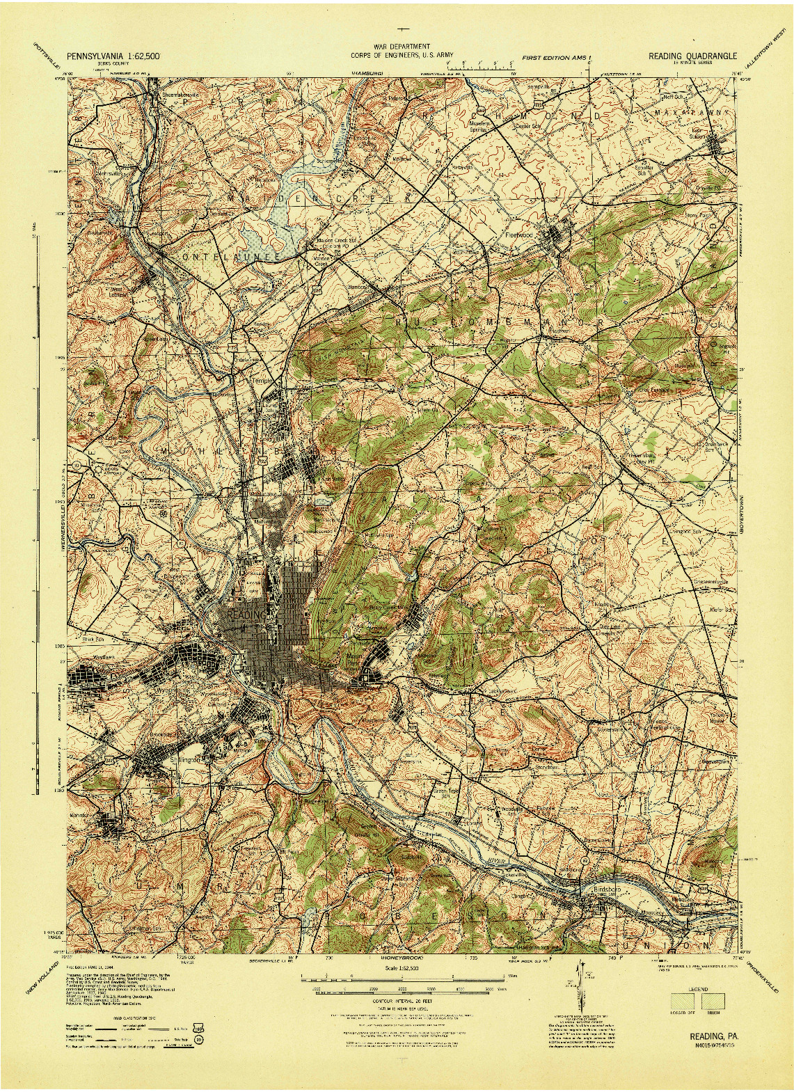 USGS 1:62500-SCALE QUADRANGLE FOR READING, PA 1944