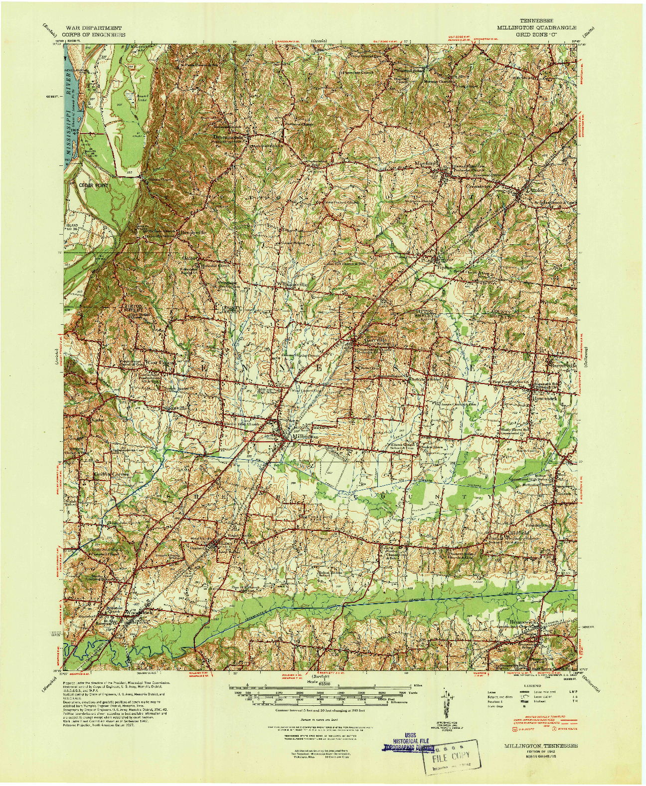 USGS 1:62500-SCALE QUADRANGLE FOR MILLINGTON, TN 1942