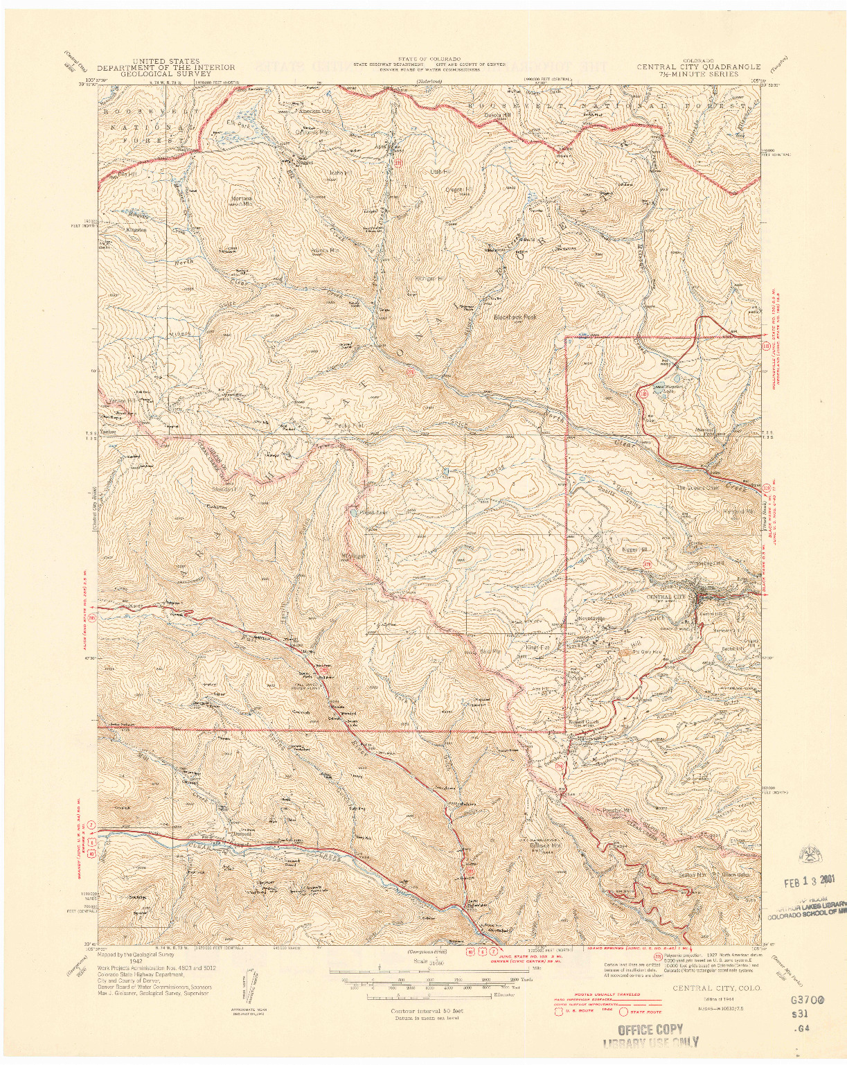 USGS 1:31680-SCALE QUADRANGLE FOR CENTRAL CITY, CO 1944