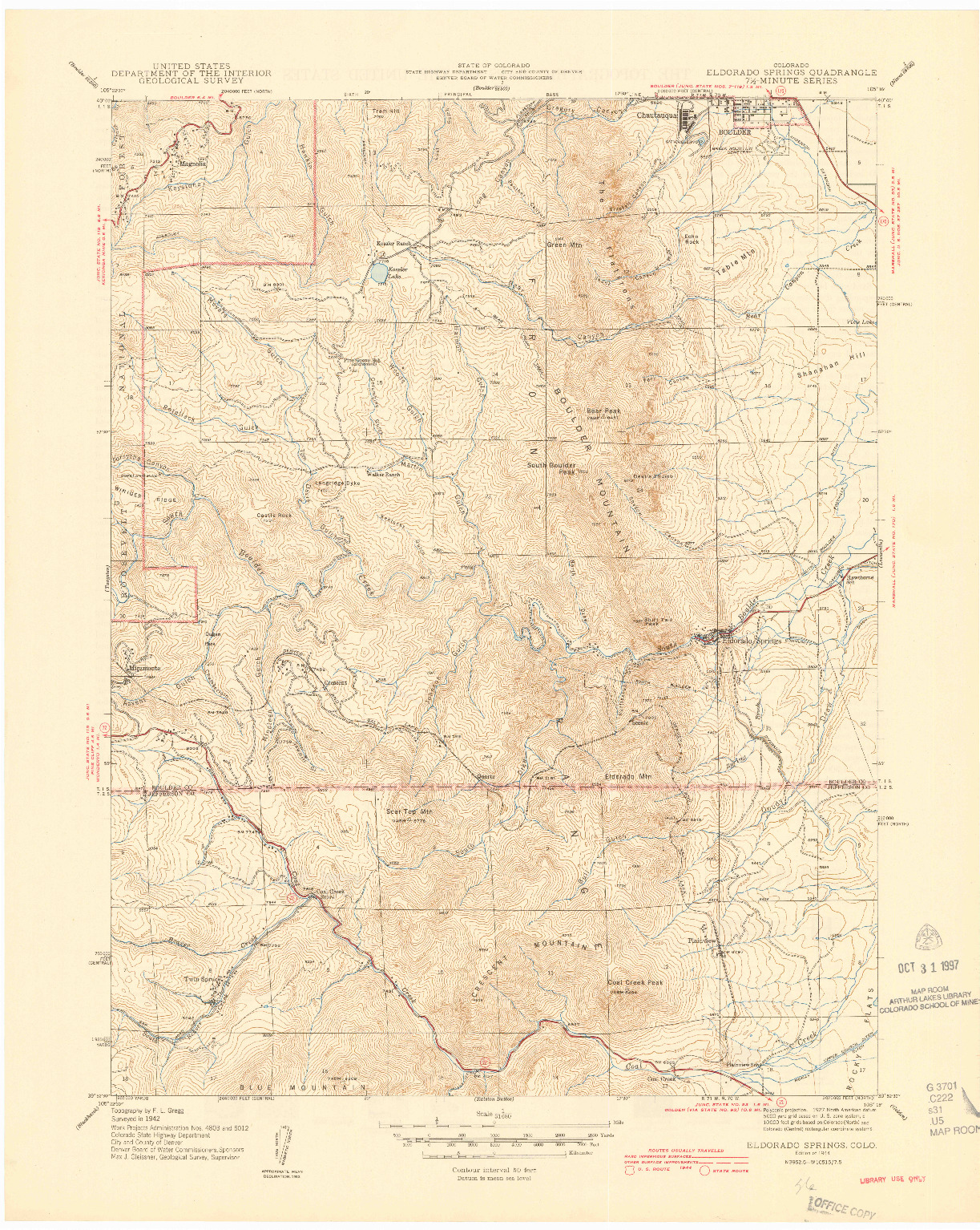 USGS 1:31680-SCALE QUADRANGLE FOR ELDORADO SPRINGS, CO 1944