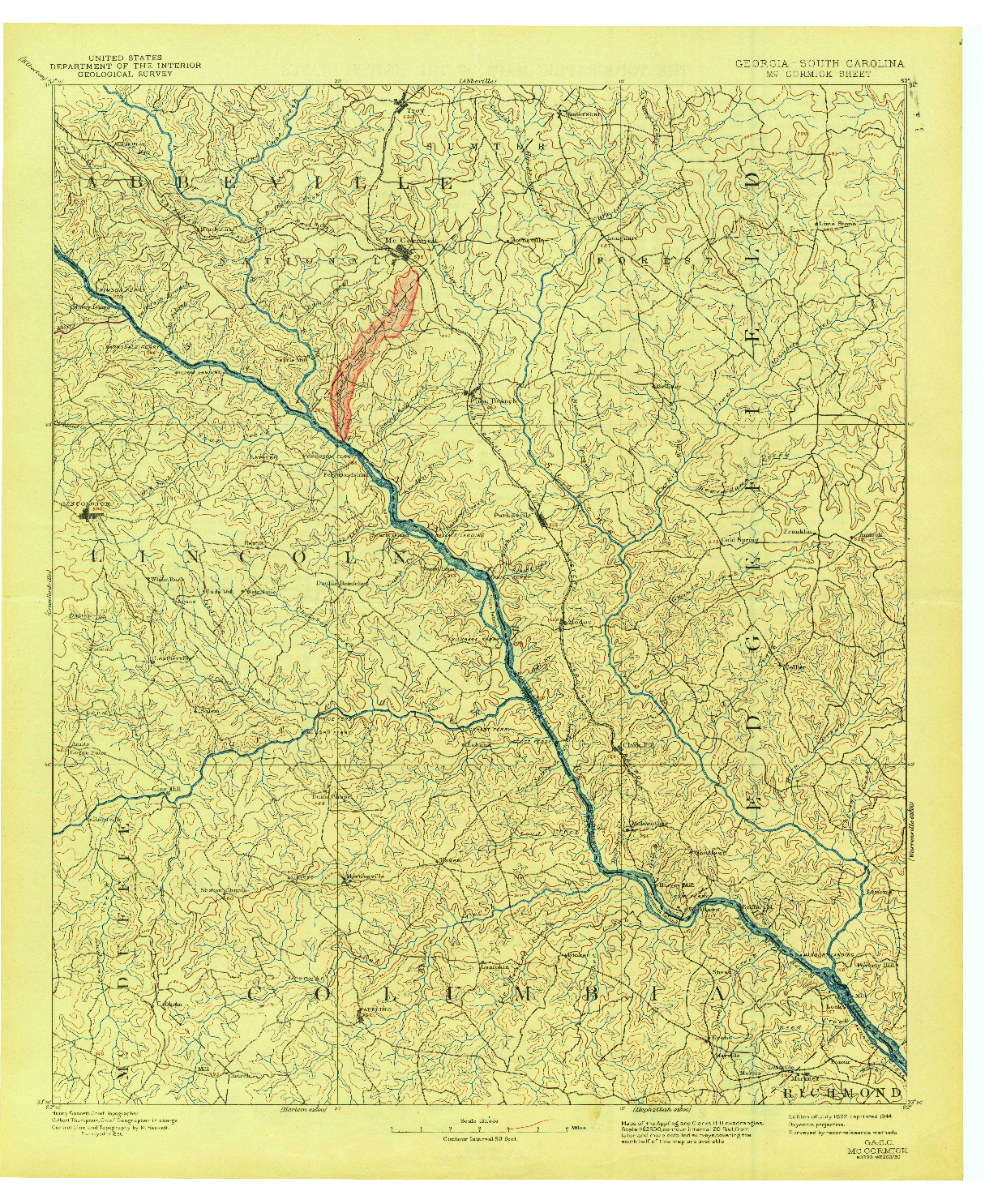 USGS 1:125000-SCALE QUADRANGLE FOR MC CORMICK, GA 1892