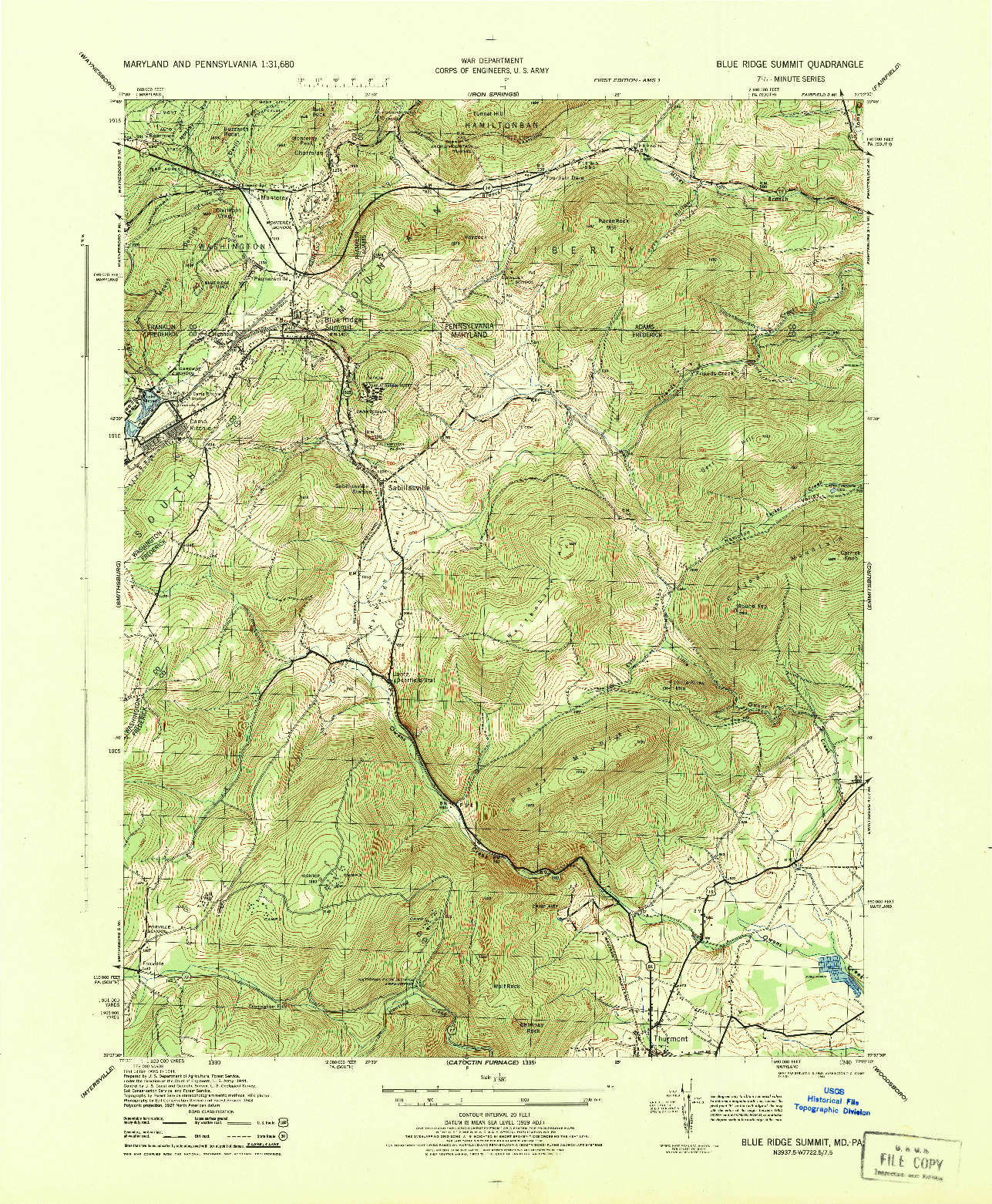 USGS 1:31680-SCALE QUADRANGLE FOR BLUE RIDGE SUMMIT, MD 1944
