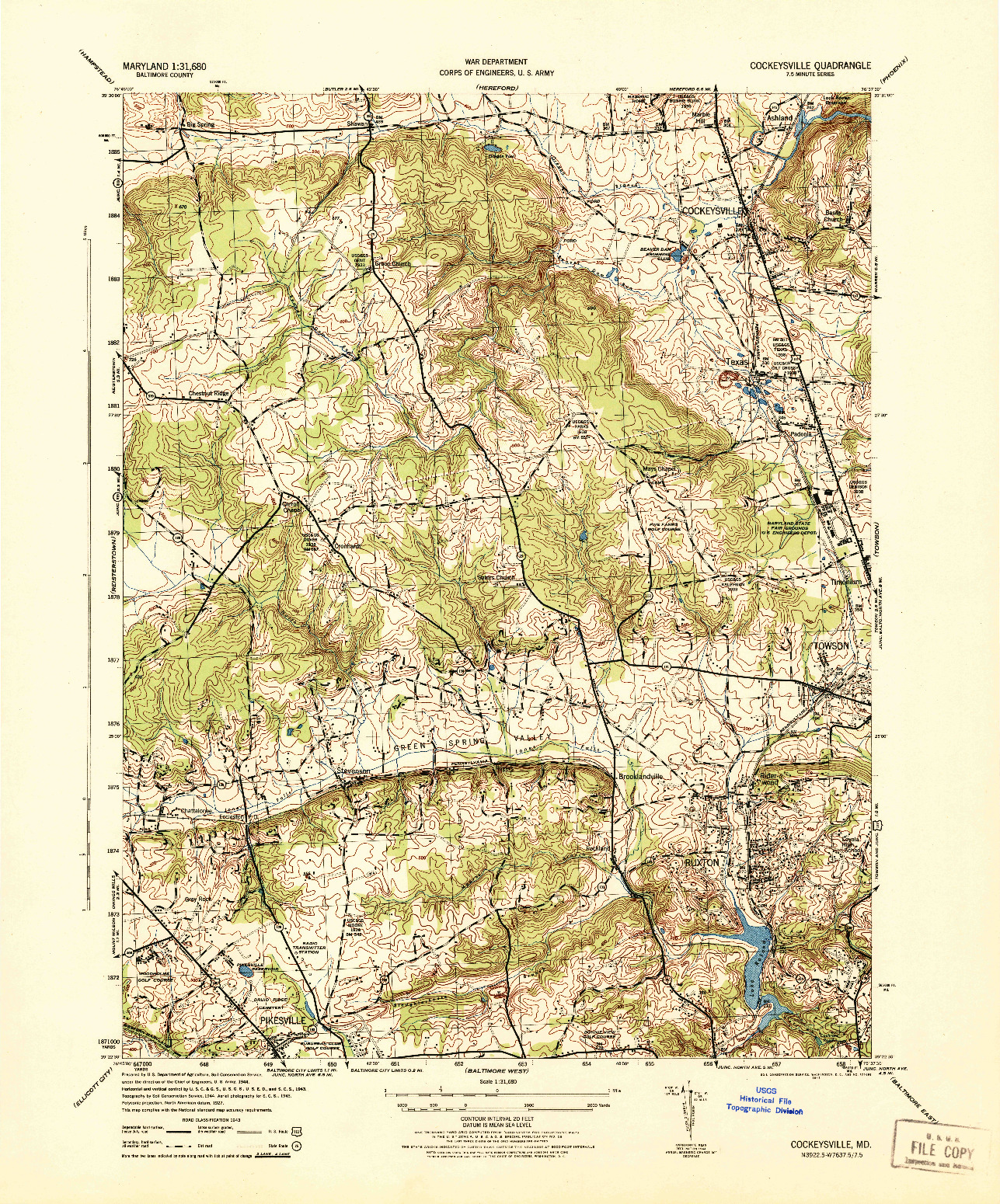 USGS 1:31680-SCALE QUADRANGLE FOR COCKEYSVILLE, MD 1944