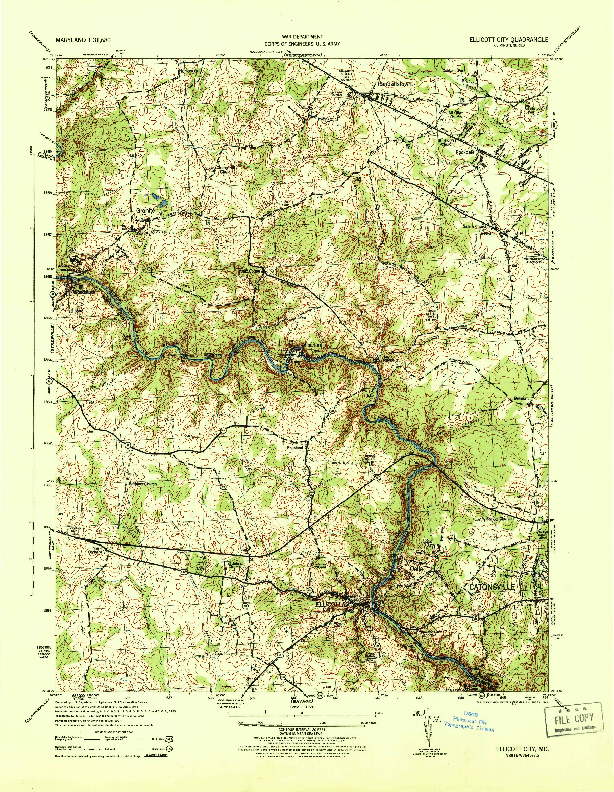 USGS 1:31680-SCALE QUADRANGLE FOR ELLICOTT CITY, MD 1944