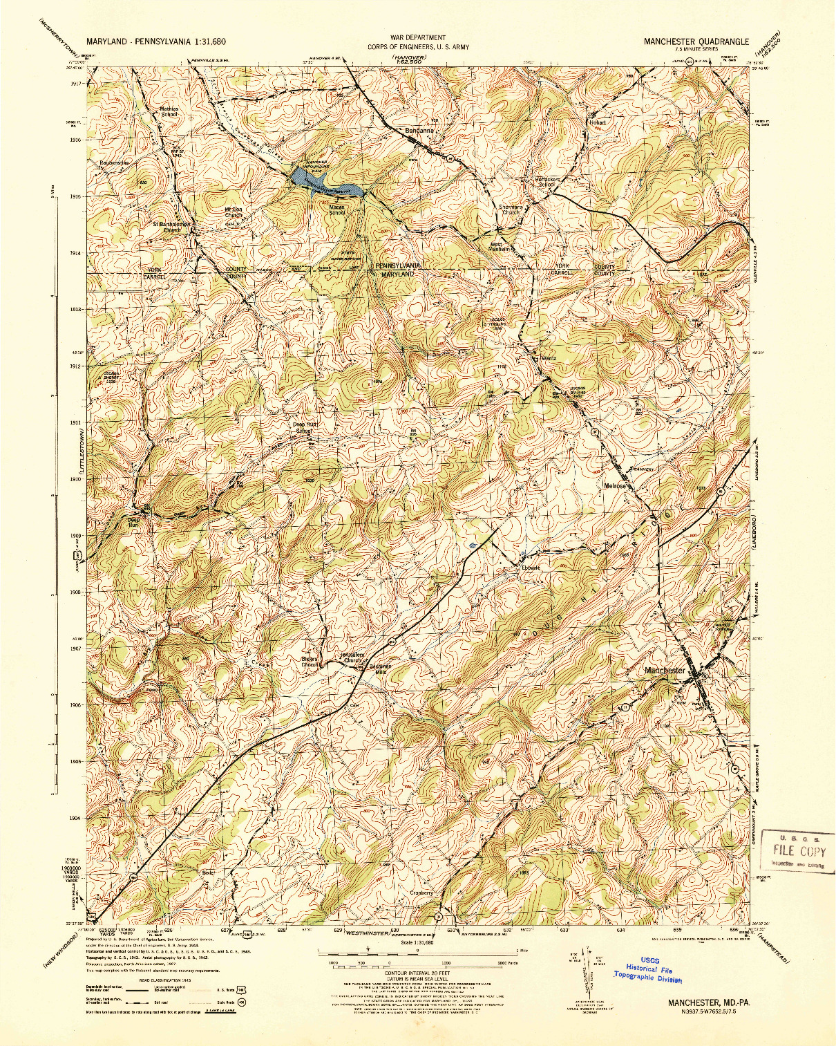 USGS 1:31680-SCALE QUADRANGLE FOR MANCHESTER, MD 1944