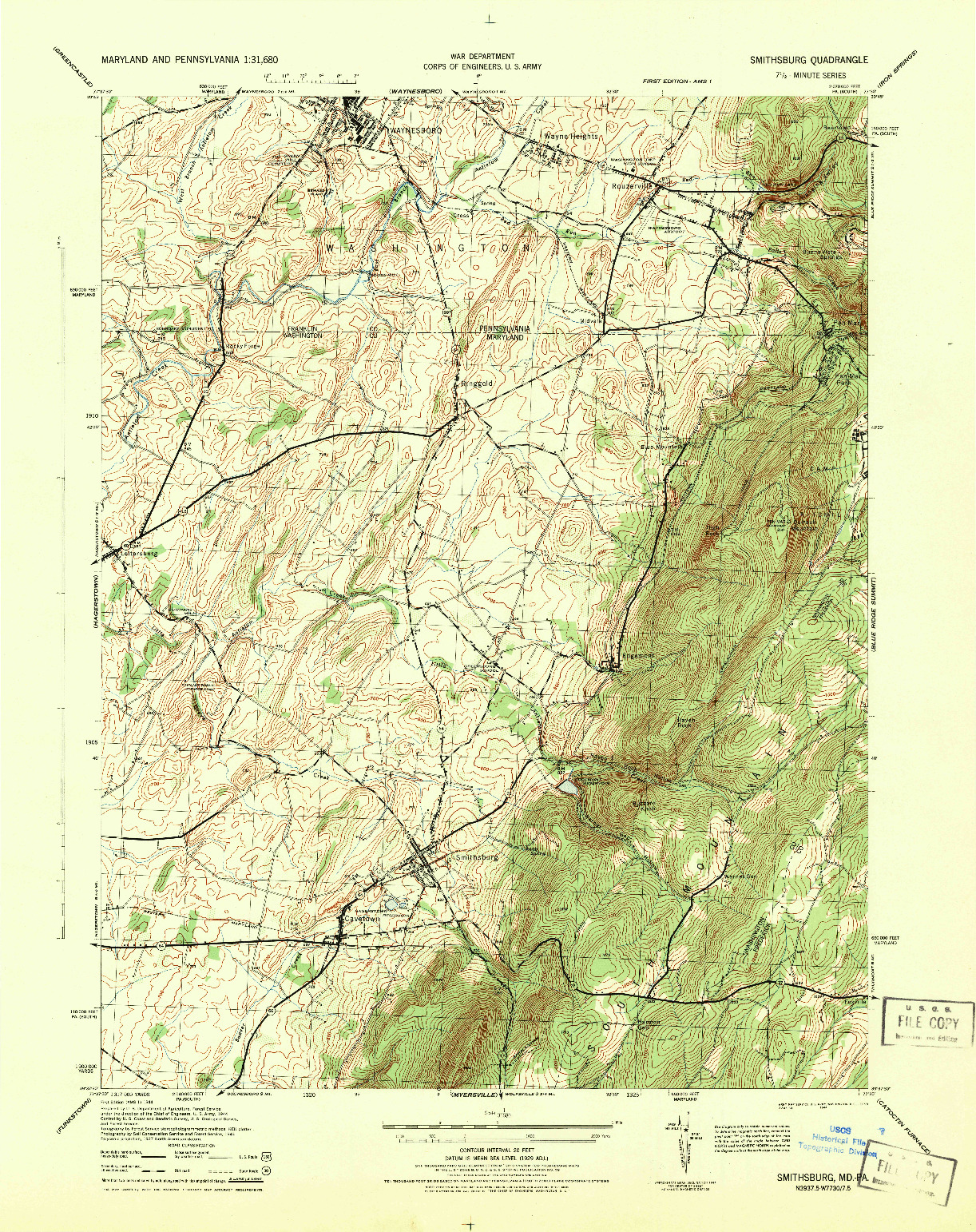 USGS 1:31680-SCALE QUADRANGLE FOR SMITHSBURG, MD 1944