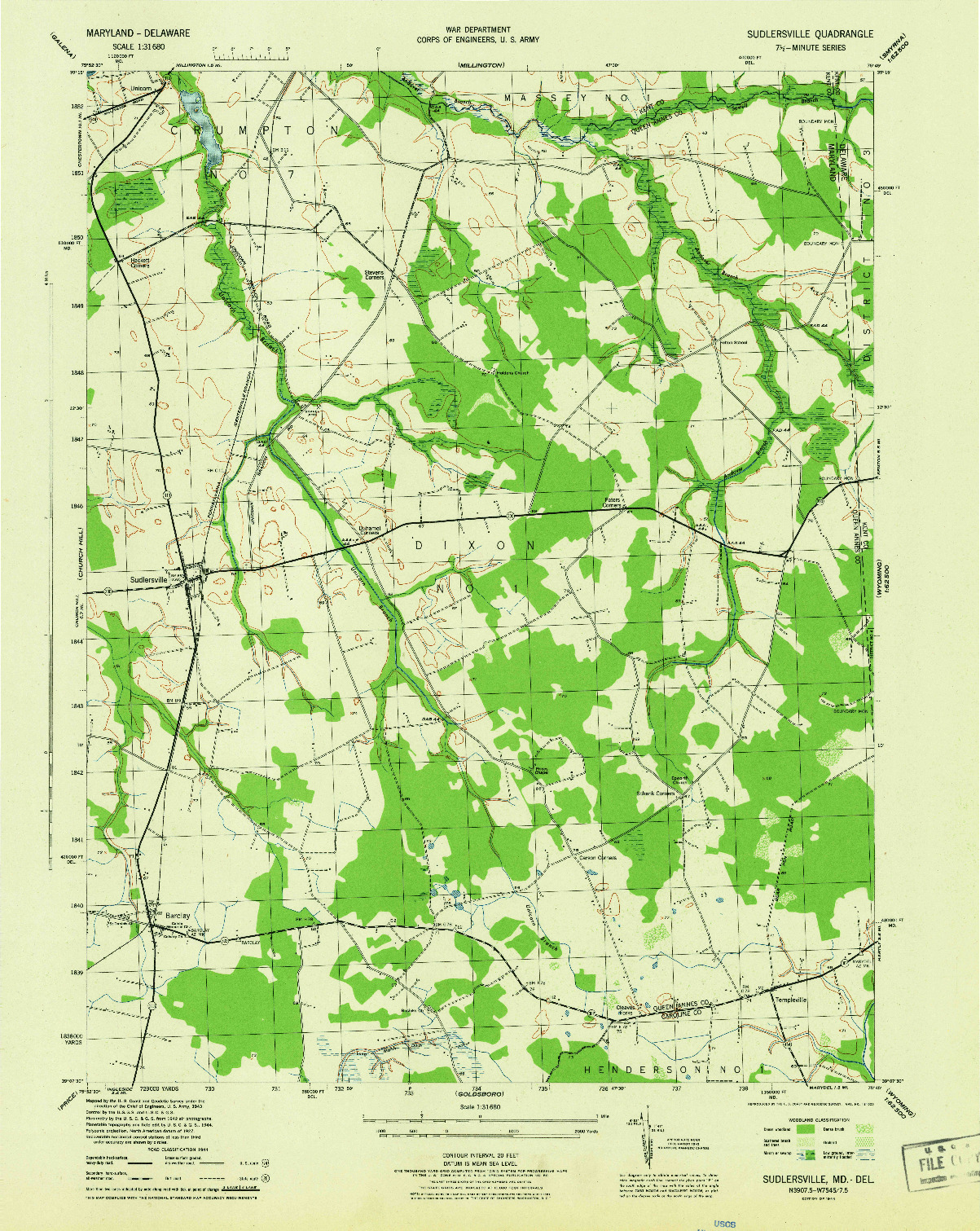 USGS 1:31680-SCALE QUADRANGLE FOR SUDLERSVILLE, MD 1944