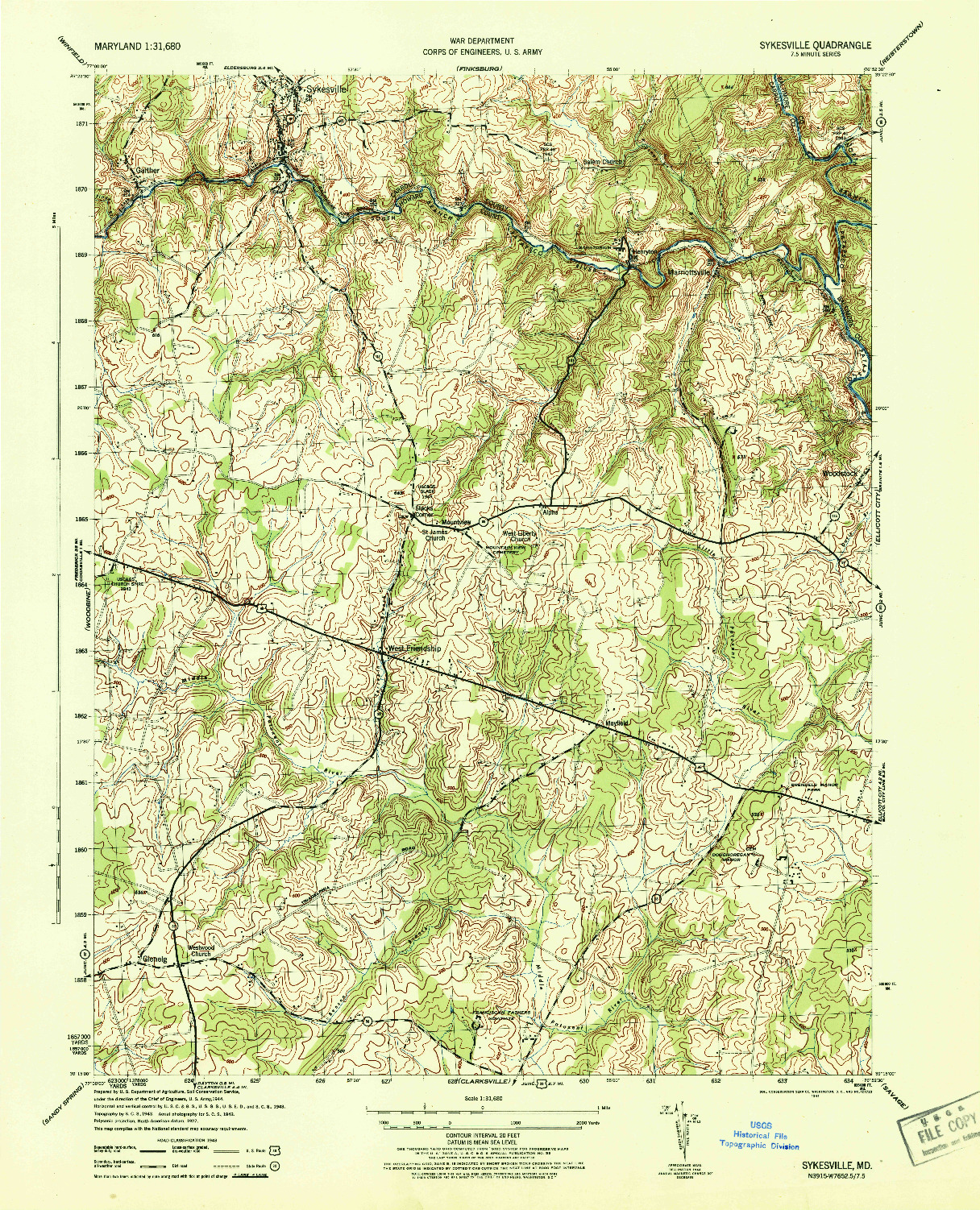 USGS 1:31680-SCALE QUADRANGLE FOR SYKESVILLE, MD 1944