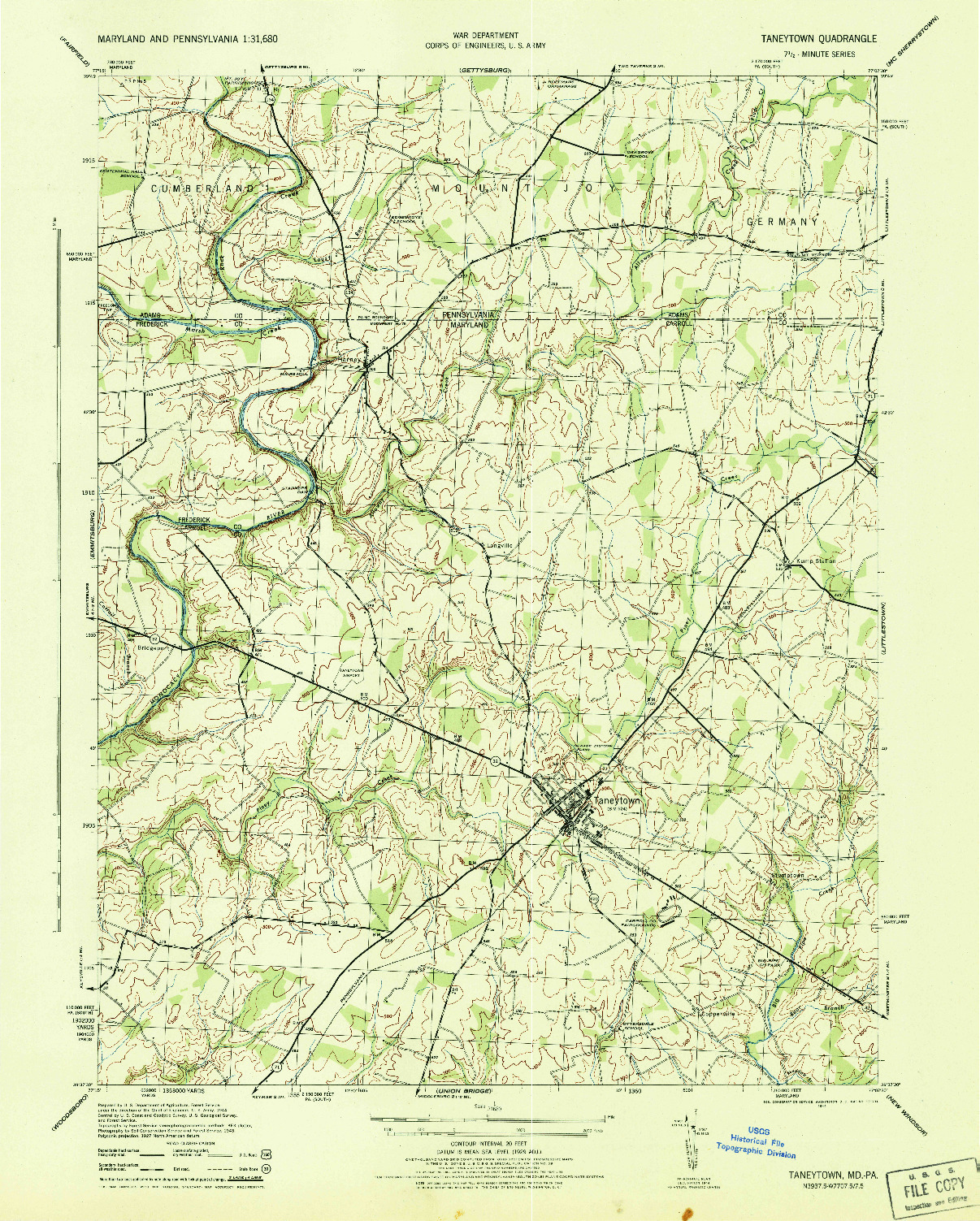 USGS 1:31680-SCALE QUADRANGLE FOR TANEYTOWN, MD 1944