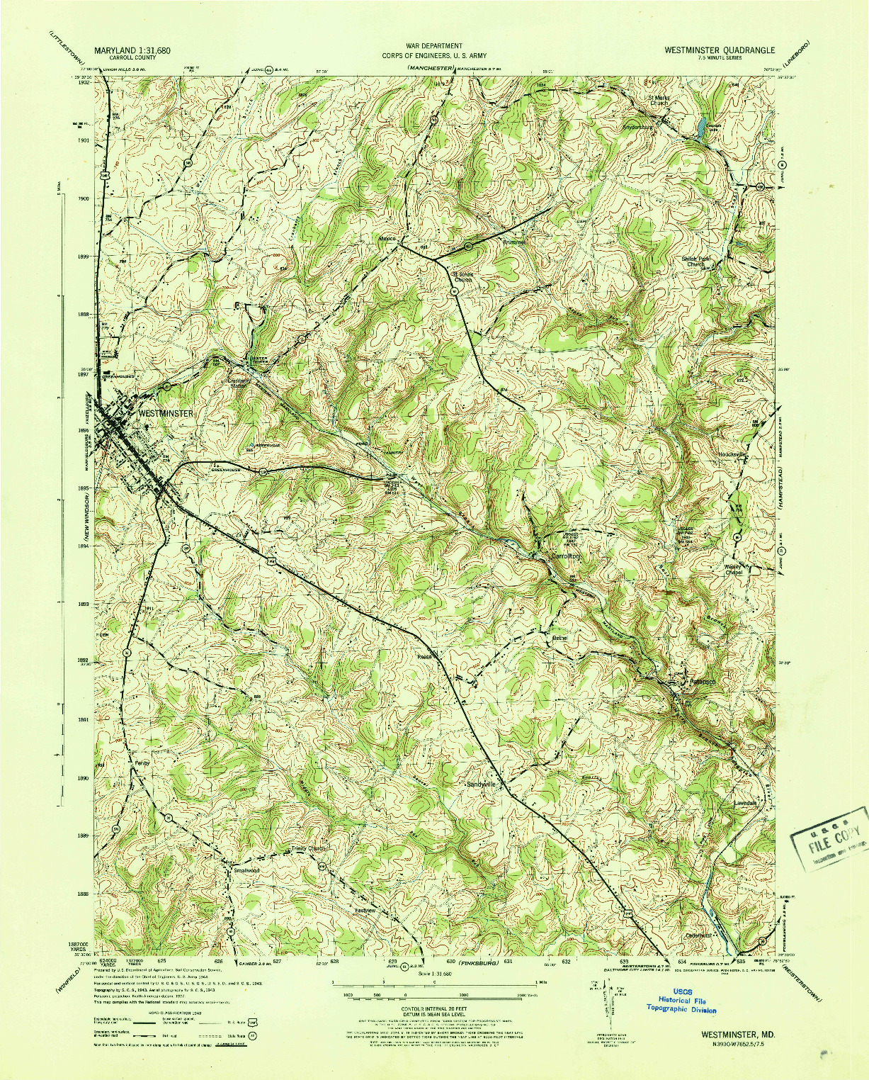 USGS 1:31680-SCALE QUADRANGLE FOR WESTMINSTER, MD 1944