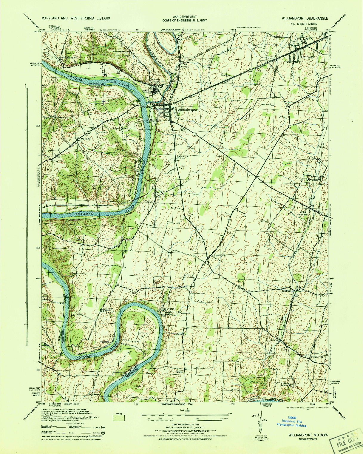 USGS 1:31680-SCALE QUADRANGLE FOR WILLIAMSPORT, MD 1944