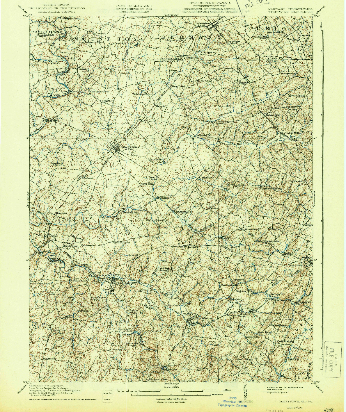 USGS 1:62500-SCALE QUADRANGLE FOR TANEYTOWN, MD 1911