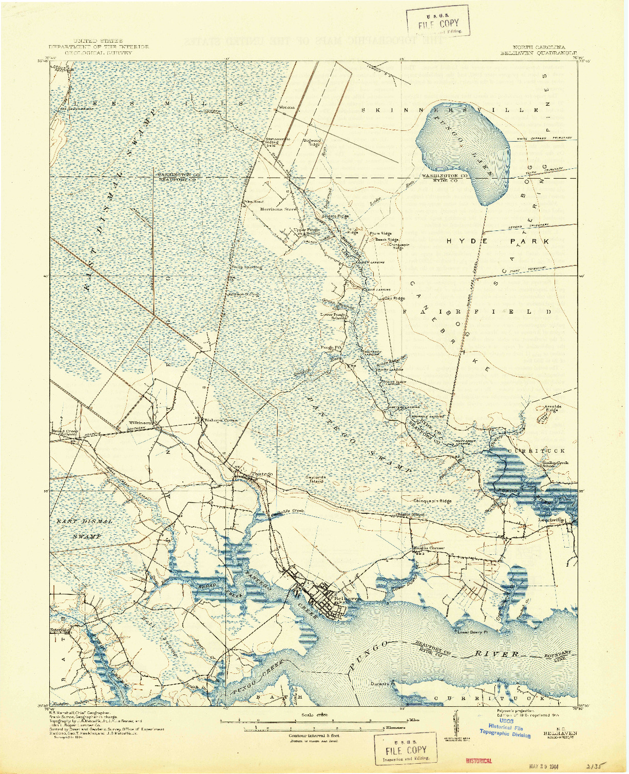 USGS 1:62500-SCALE QUADRANGLE FOR BELHAVEN, NC 1916