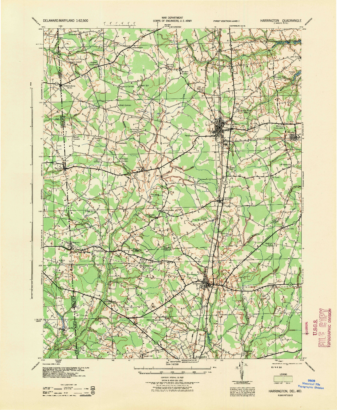 USGS 1:62500-SCALE QUADRANGLE FOR HARRINGTON, DE 1944