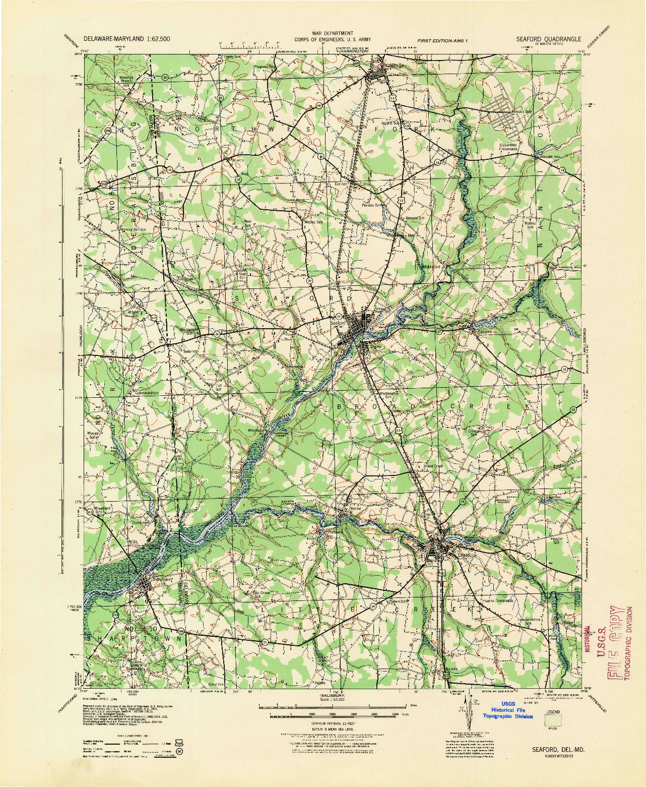 USGS 1:62500-SCALE QUADRANGLE FOR SEAFORD, DE 1944