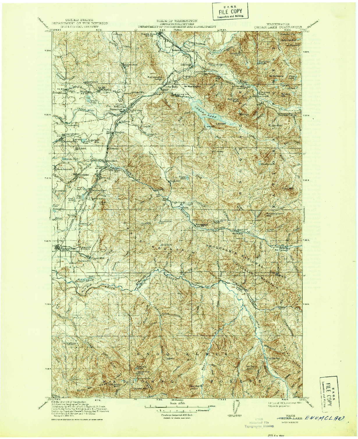 USGS 1:125000-SCALE QUADRANGLE FOR CEDAR LAKE, WA 1913