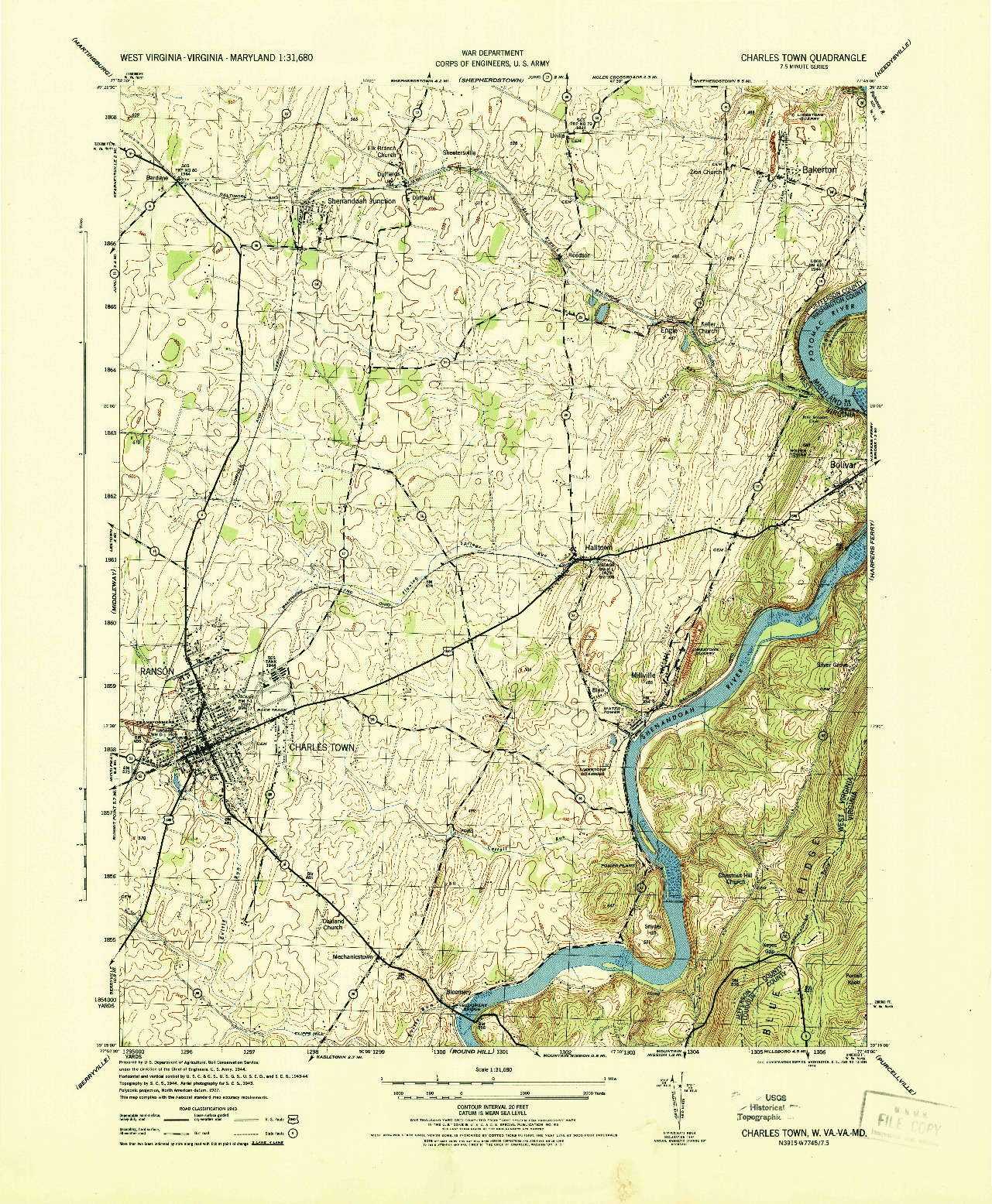 USGS 1:31680-SCALE QUADRANGLE FOR CHARLES TOWN, WV 1944